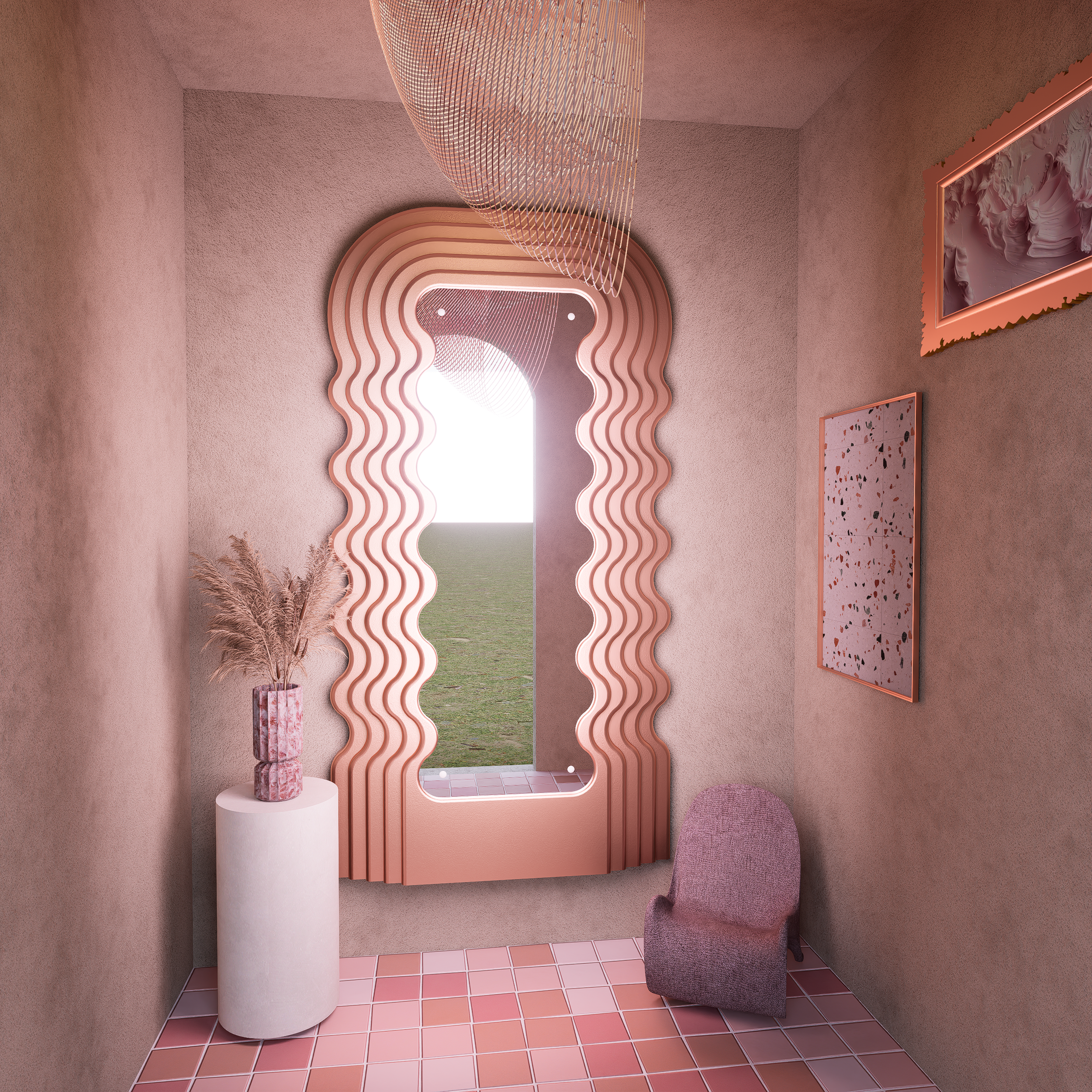 Une pièce roses avec un miroir aux bords ondulés roses, une plante dans un vase rose et blanc, un fauteuil en tissu mauve et deux tableaux accrochés au mur.