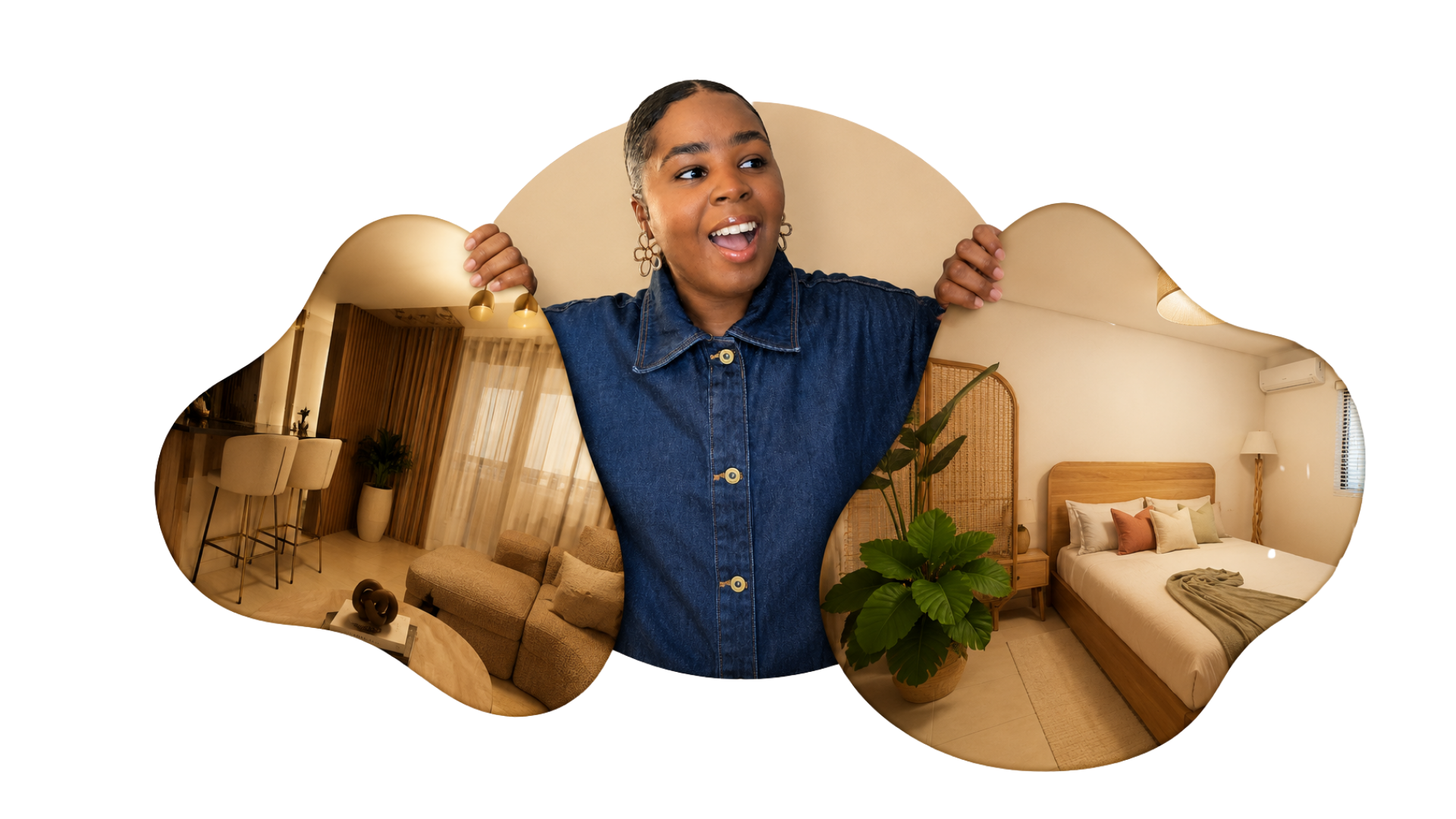 Une femme souriante, portant une veste en denim, apparaît à travers un miroir rond dans une chambre chaleureuse avec un lit, une plante verte et des meubles en bois.