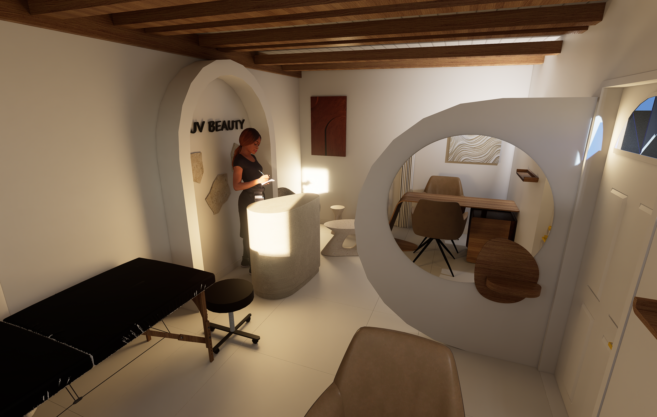 Intérieur d'un espace moderne avec un héros féminin préparant quelque chose. Présence d'un piano noir, d'une chaise beige, et de décorations murales avec des formes géométriques et texturées, dans un décor aux tons neutres avec des accents en bois.