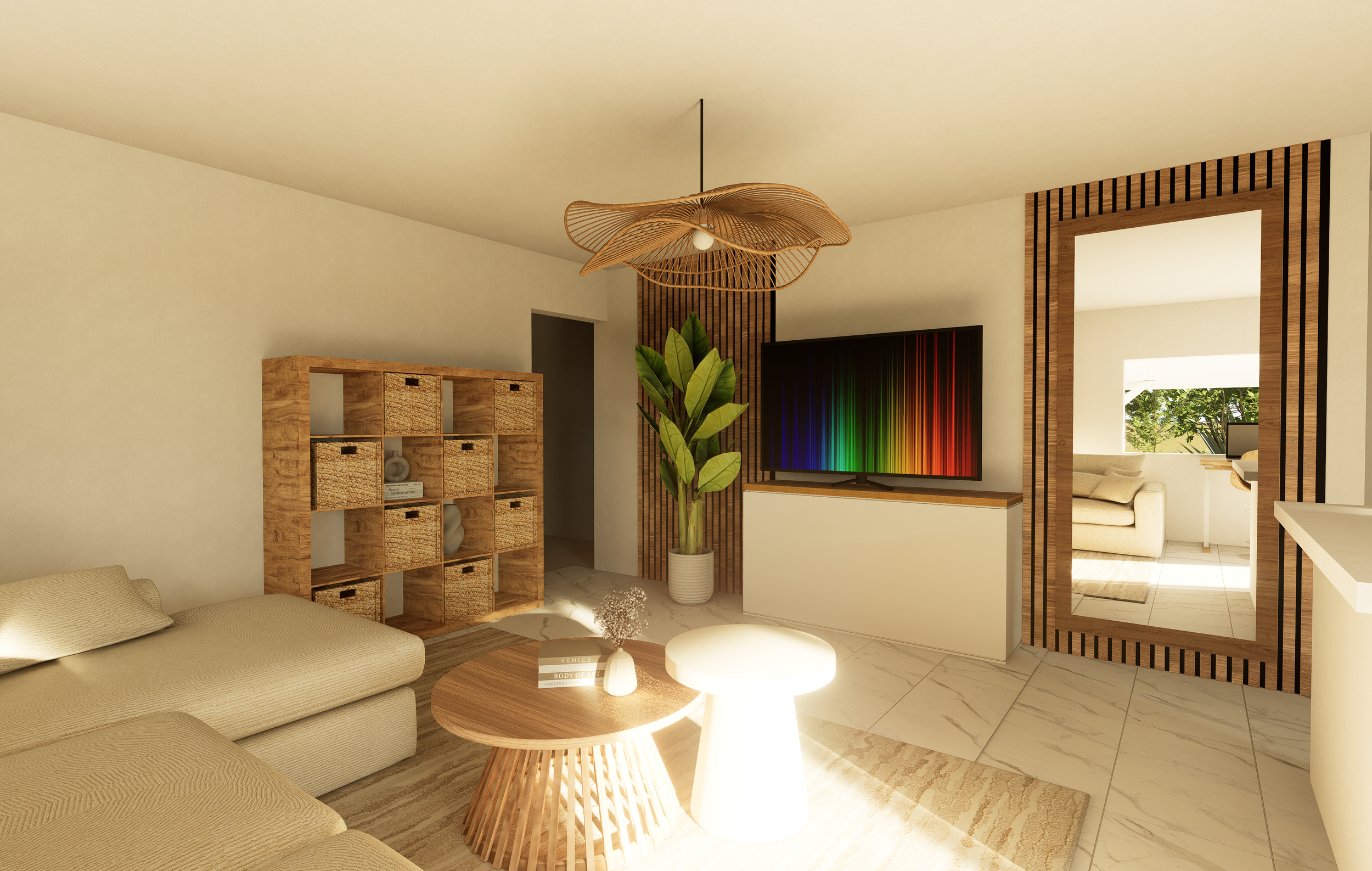Intérieur d'un salon moderne avec canapé beige, table basse en bois, lampadaire, télévision avec écran coloré, étagère en bois avec rangements en osier, plante verte, porte donnant sur une pièce lumineuse avec canapé, vue sur extérieur avec arbres.