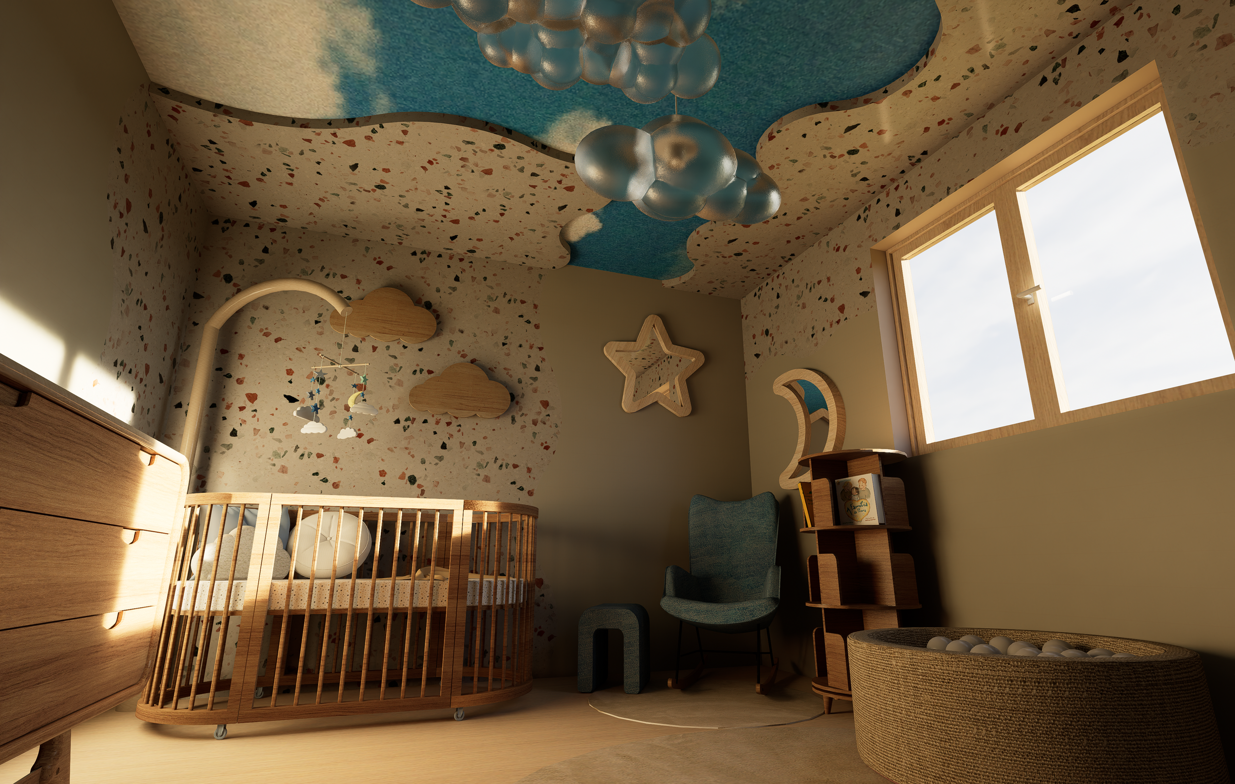 Intérieur d'une chambre d'enfant avec un berceau en bois, un mur décoré de motifs colorés, une étagère avec des livres, un fauteuil bleu, et un plafond peint avec des nuages et un ciel bleu.