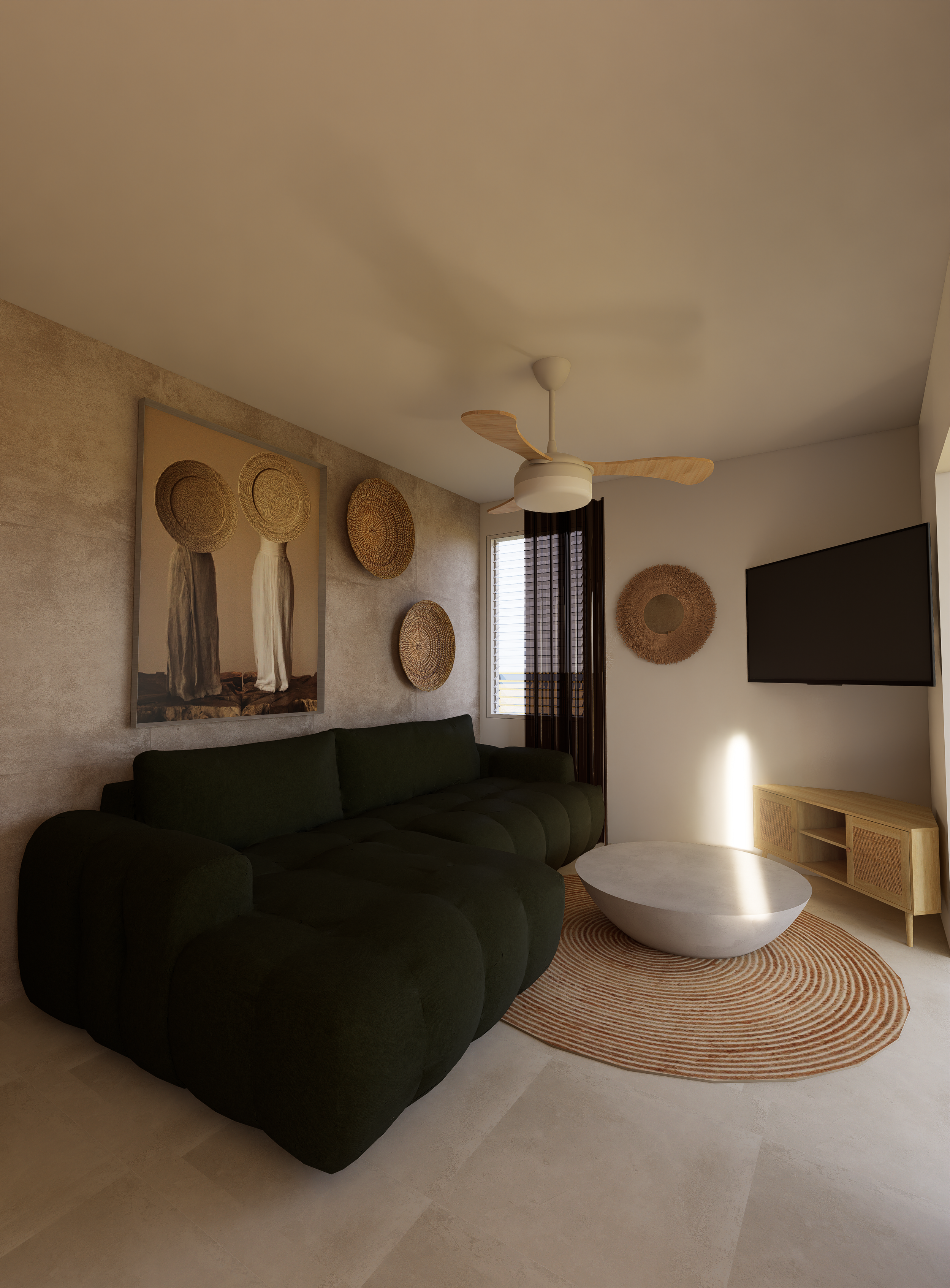 Salon moderne avec un canapé vert, un tapis rond rayé, une table basse blanche en forme de bol, un mur décoré avec des œuvres d'art en osier, un ventilateur de plafond, une télévision sur le mur et une fenêtre avec des rideaux noirs.