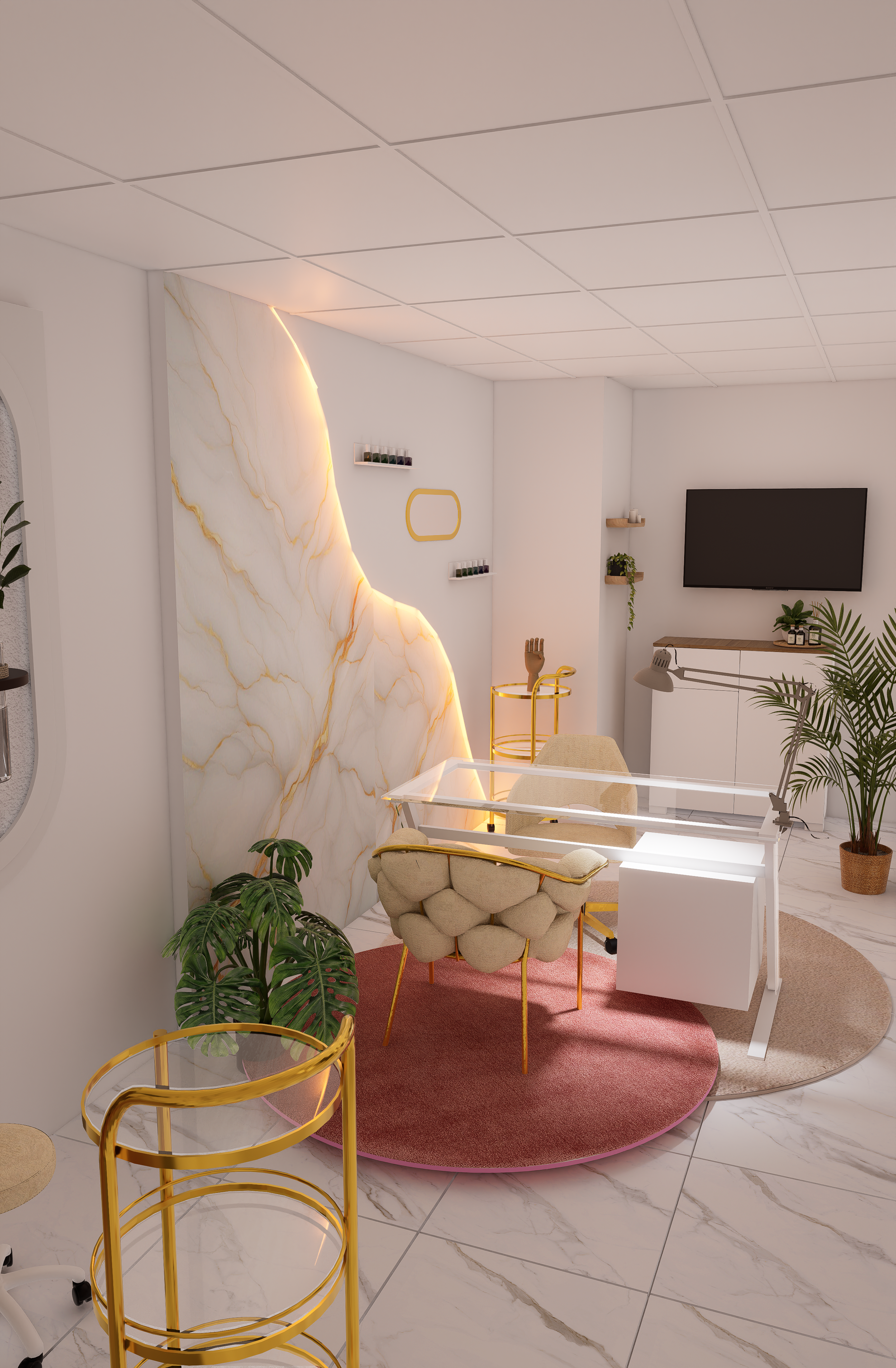 Salon moderne avec fauteuils beige, tapis rond rose, mur en marbre avec éclairage indirect, télévision, plantes d'intérieur, étagères en bois, décoration élégante.