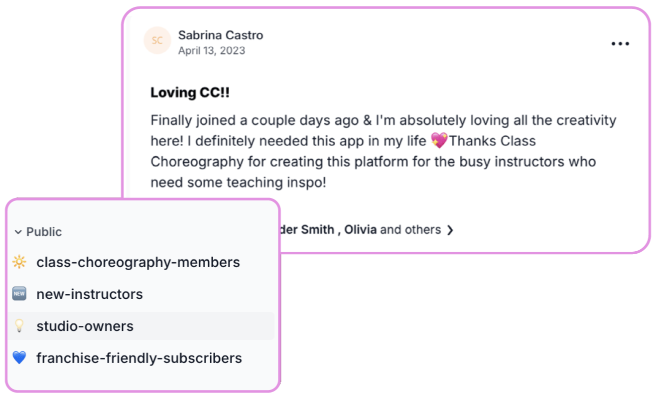 Screenshot of a social media post from Sabrina Castro dated April 13, 2023, expressing love for a dance class platform called CC, and thanking Class Choreography for creating it. The post comments on how the app has been helpful for busy instructors, with a sidebar showing groups including class-choreography-members, new-instructors, studio-owners, and franchise-friendly-subscribers.