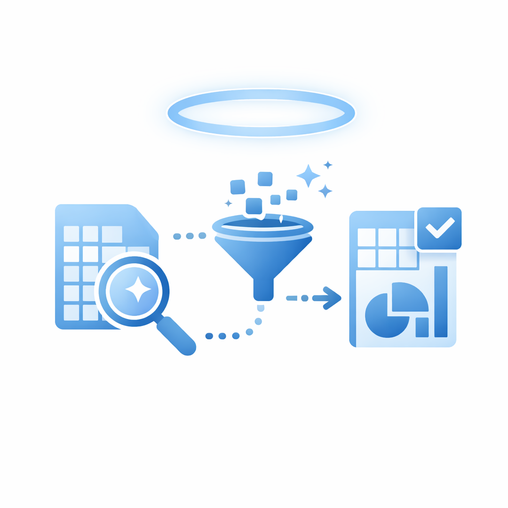 Flowchart illustrating data analysis process: magnifying glass over spreadsheet, data filtering funnel, and resulting chart with checkmark.