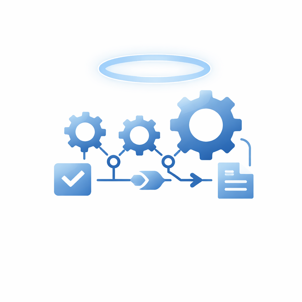 Digital illustration of interconnected gears, checkmark, and document icons representing workflow or process management.