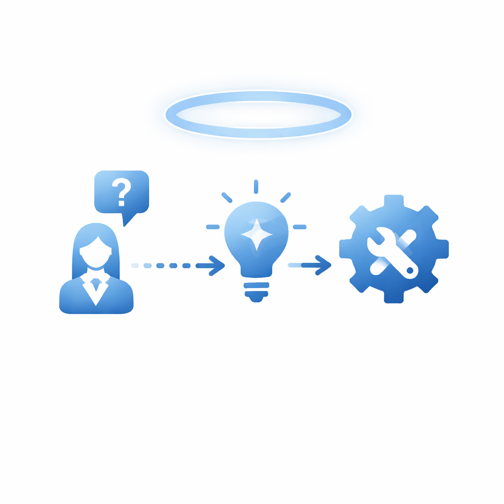 Illustration of a woman with a question mark in a speech bubble, a glowing light bulb, and a gear with a wrench and screwdriver, depicting ideas, problem-solving, and technical work.