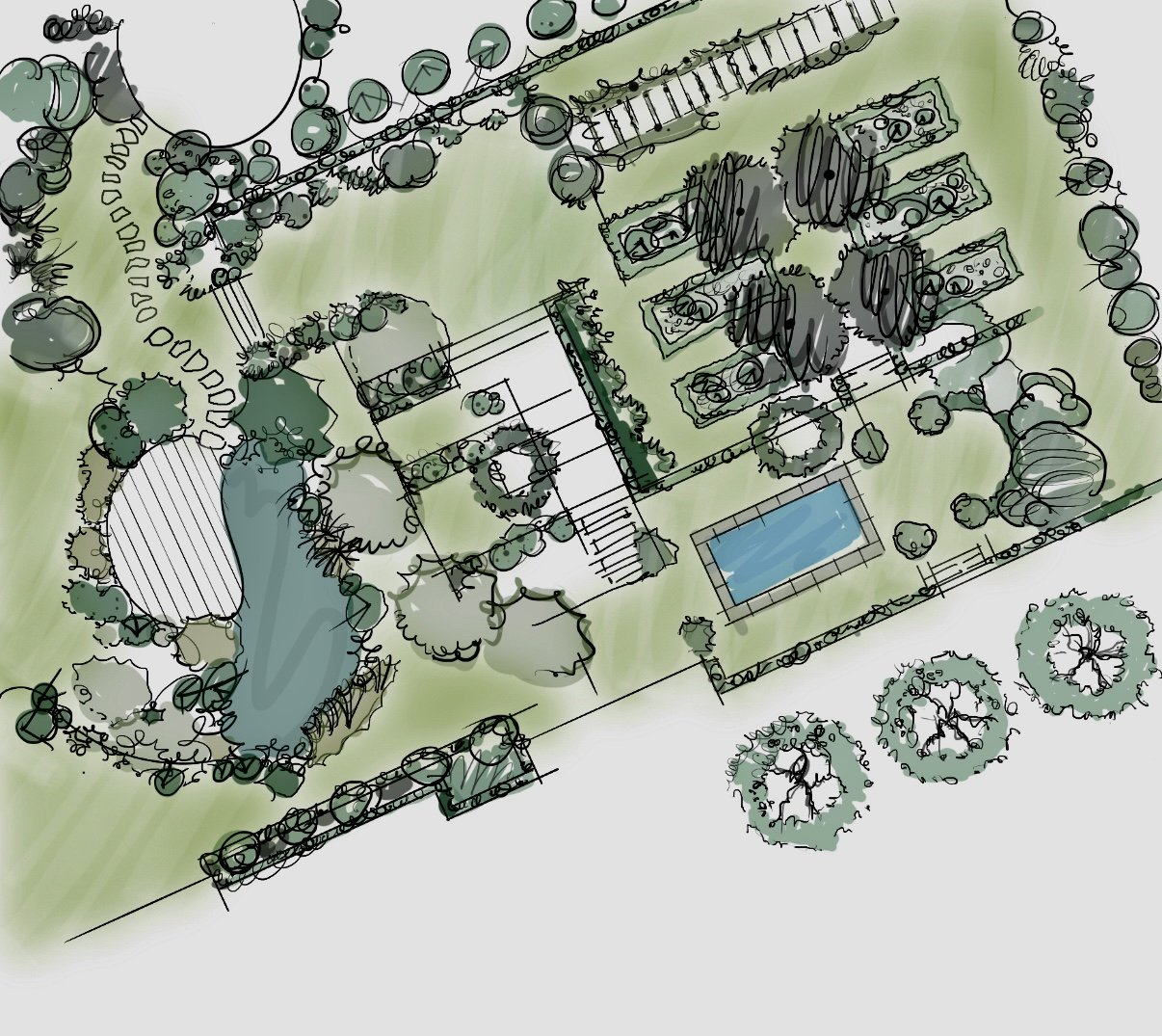 Plan d'un jardin avec piscine, arbres, buissons, allées pavées, pergola, zones de plantation, espace détente et rectangles de culture.