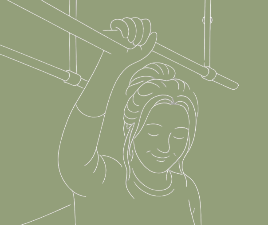 Line drawing of a smiling woman hanging onto a handrail, with closed eyes and hair tied back.