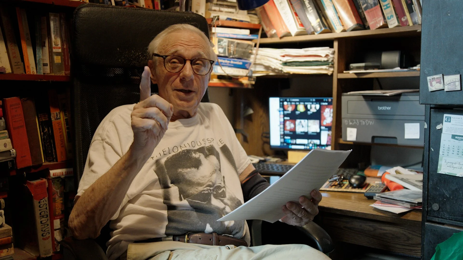 Robert Christgau at his desk in his apartment in the East Village of New York City, where he's been writing rock criticism for over 50 years.