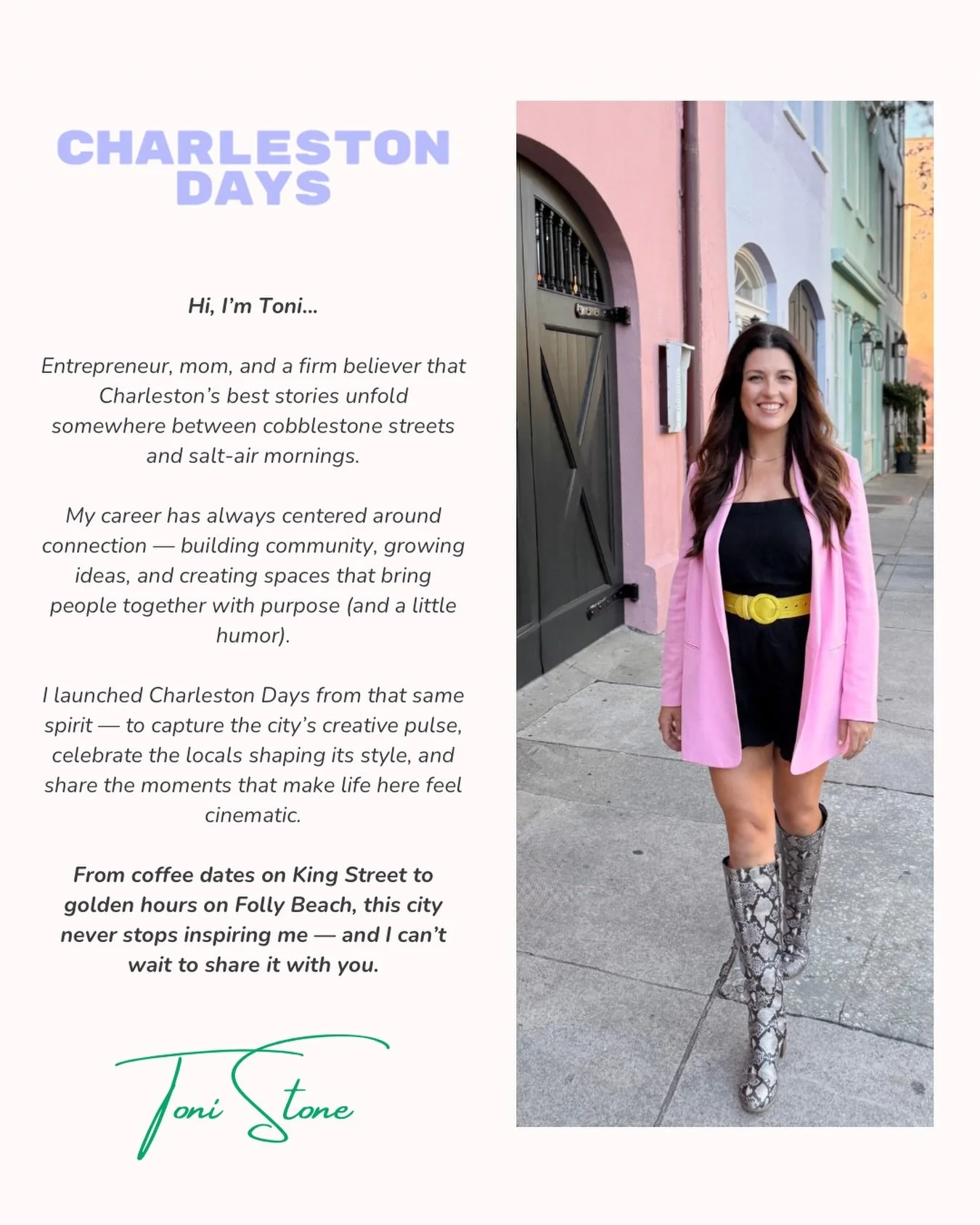 If we haven&rsquo;t officially met yet, hi, I&rsquo;m Toni &mdash; the Charleston-obsessed human behind @charleston.days. 💛

I started this little corner of the internet to brag on the people, places, and everyday moments that make this city feel ci