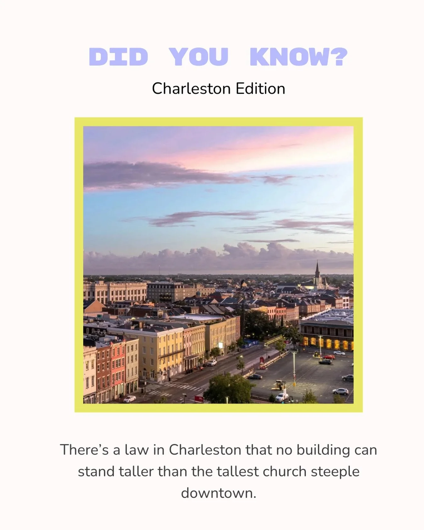 Even our skyline has manners. ⛪️

For more interesting facts about Charleston, sign up for our free newsletter on CharlestonDays.com.