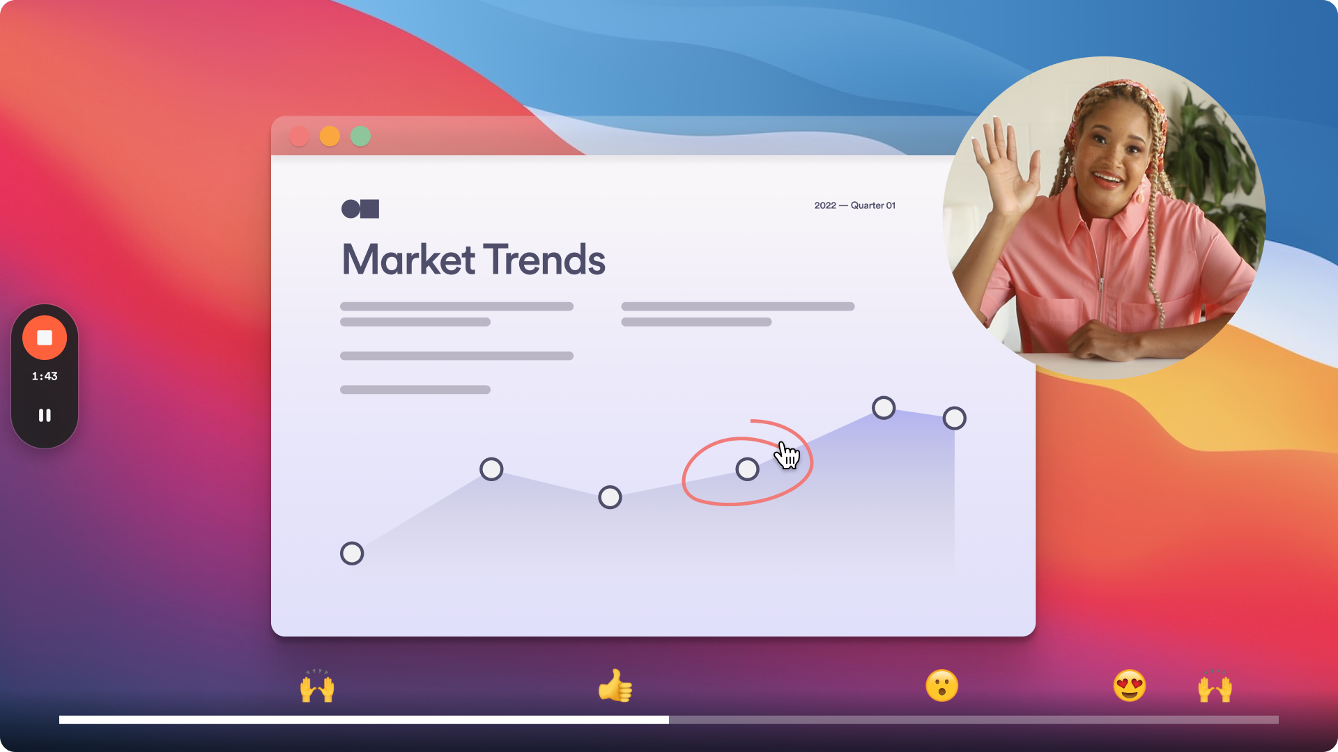 A woman with braided hair and a pink shirt is smiling and waving while participating in a virtual meeting. The screen shows a presentation slide titled "Market Trends" with a line graph, and there are reaction emojis and a recording timer on the video call interface.