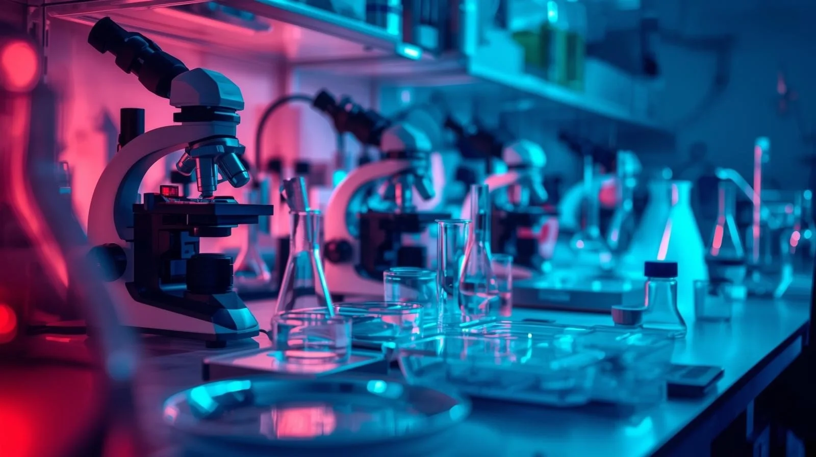 A laboratory workspace illuminated with pink and blue lighting, featuring multiple microscopes, glass beakers, test tubes, and other scientific equipment on a lab bench.
