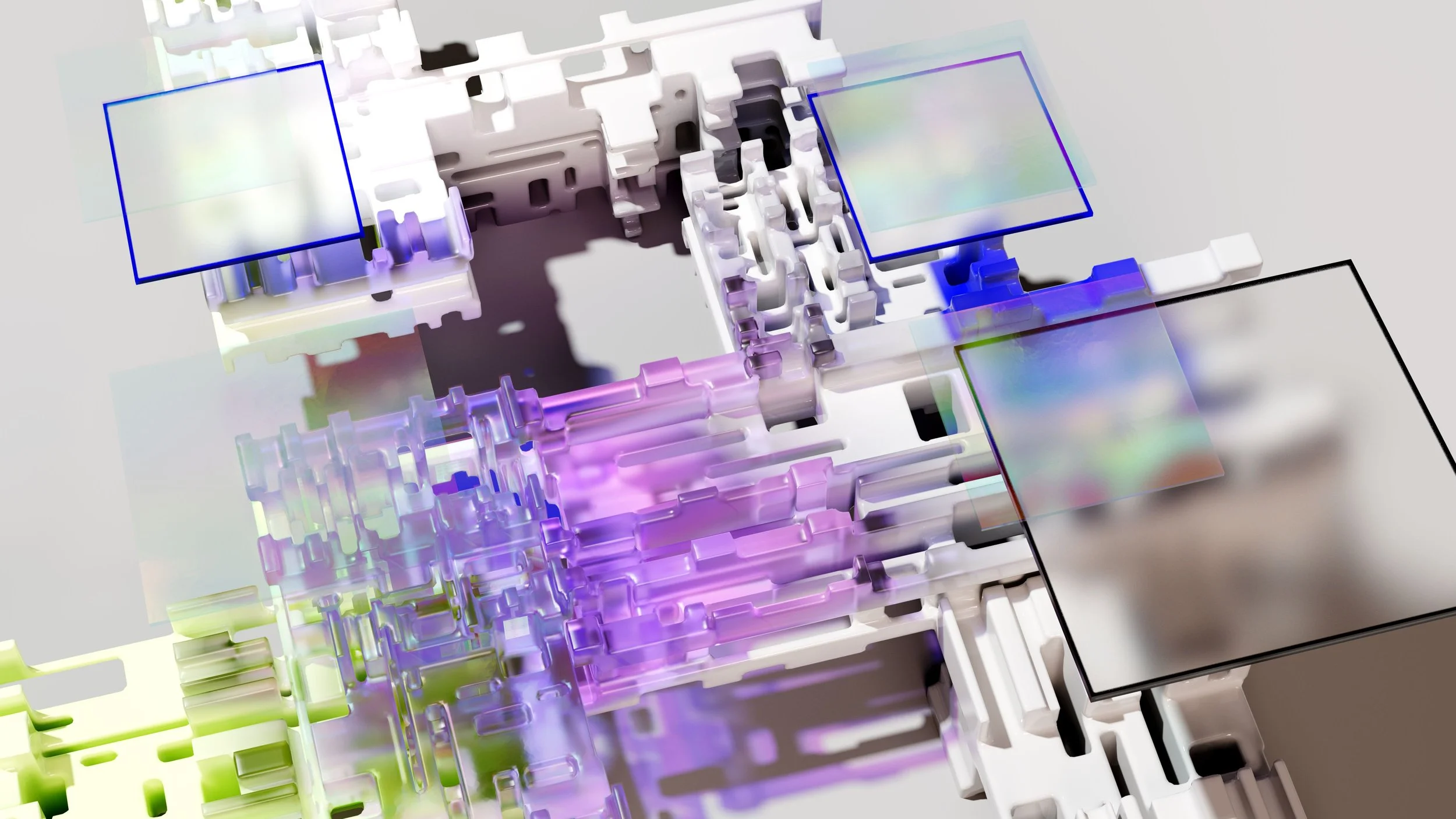 Close-up of a colorful, abstract architectural model with interconnected white, purple, green, and black geometric shapes and transparent panels.