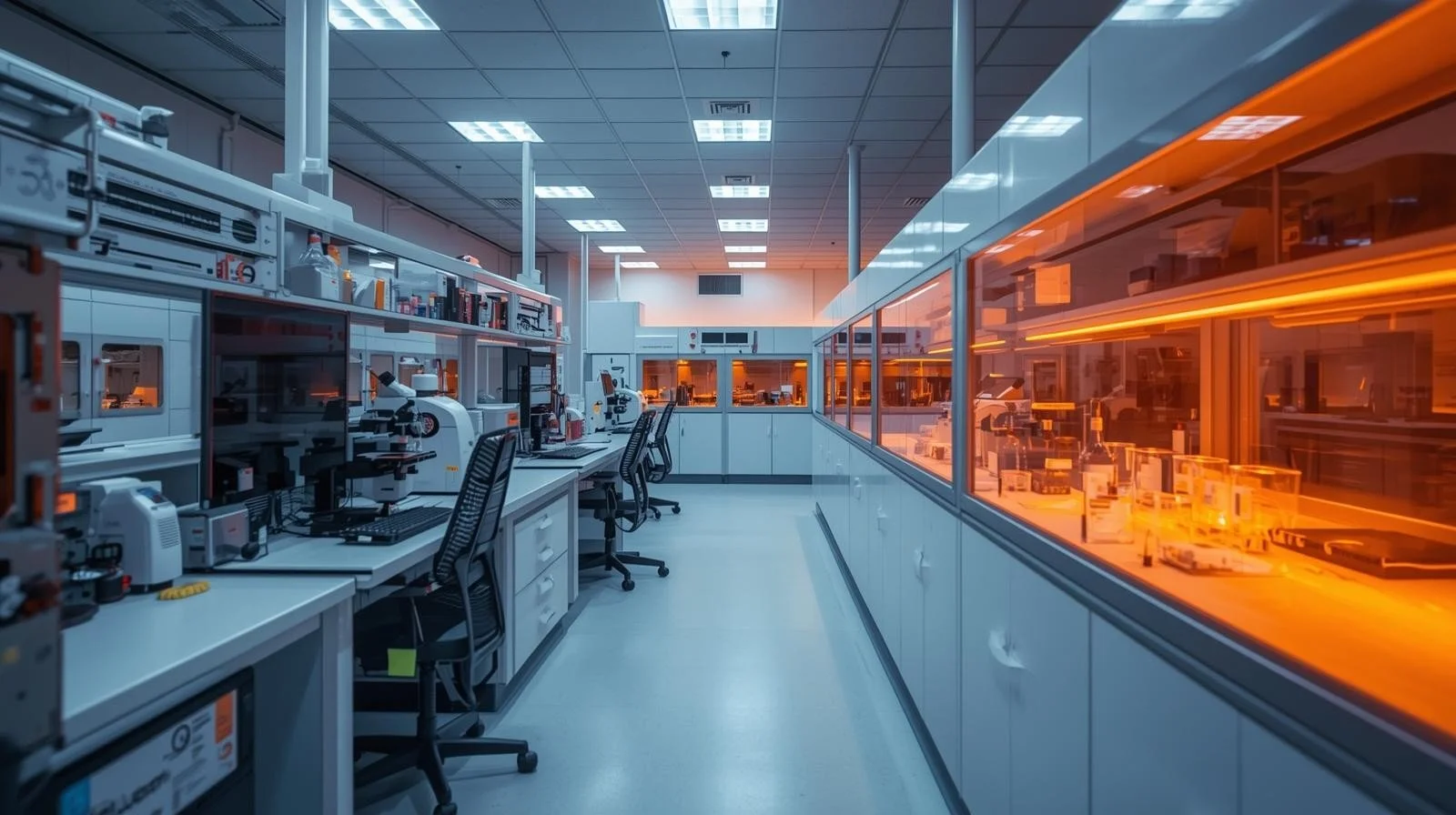 A high-tech laboratory with workbenches, microscopes, and scientific equipment, illuminated with blue and orange lighting.