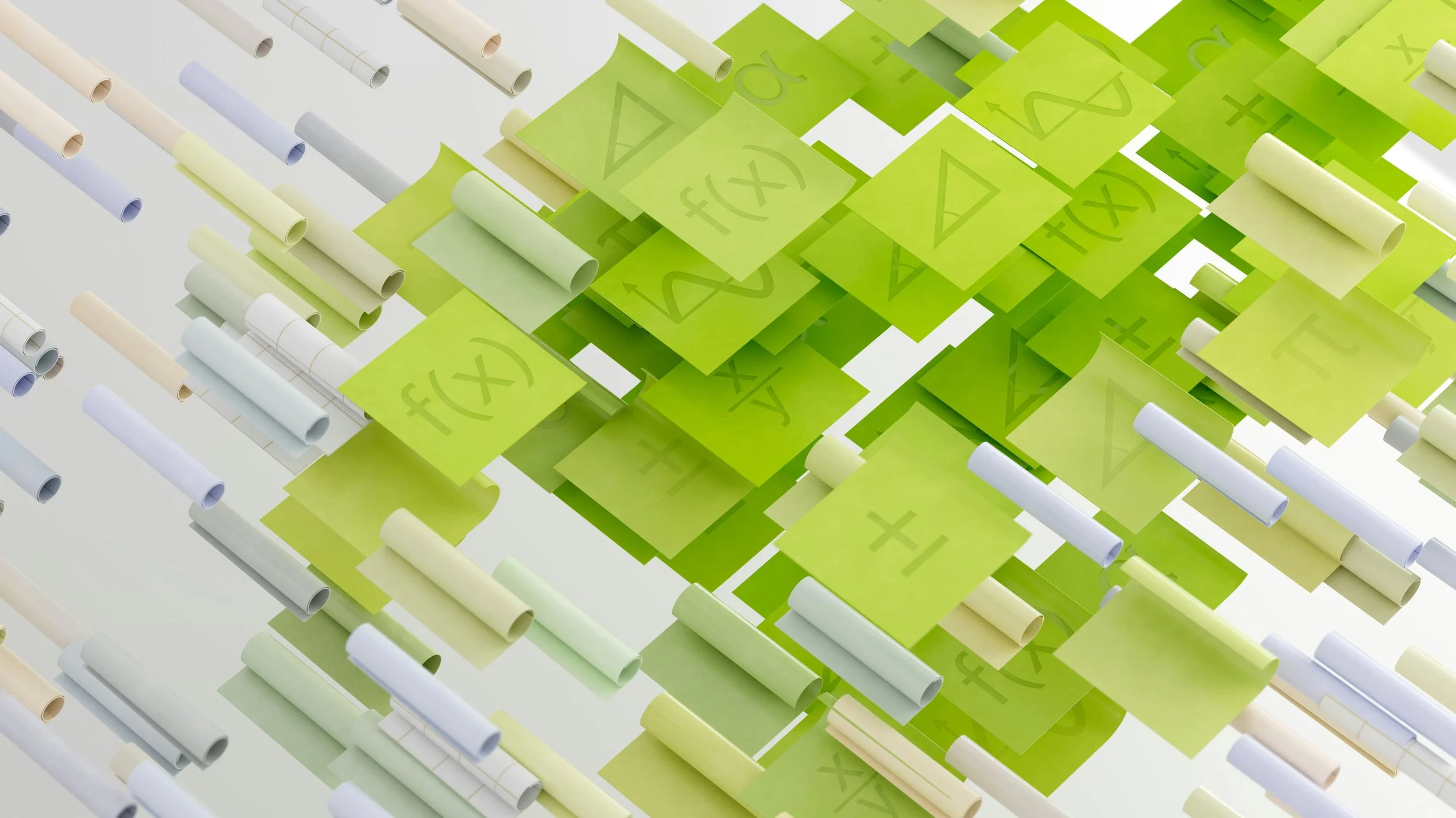 A colorful abstract digital art piece featuring various rolled paper scrolls and green square tiles with mathematical symbols and equations.