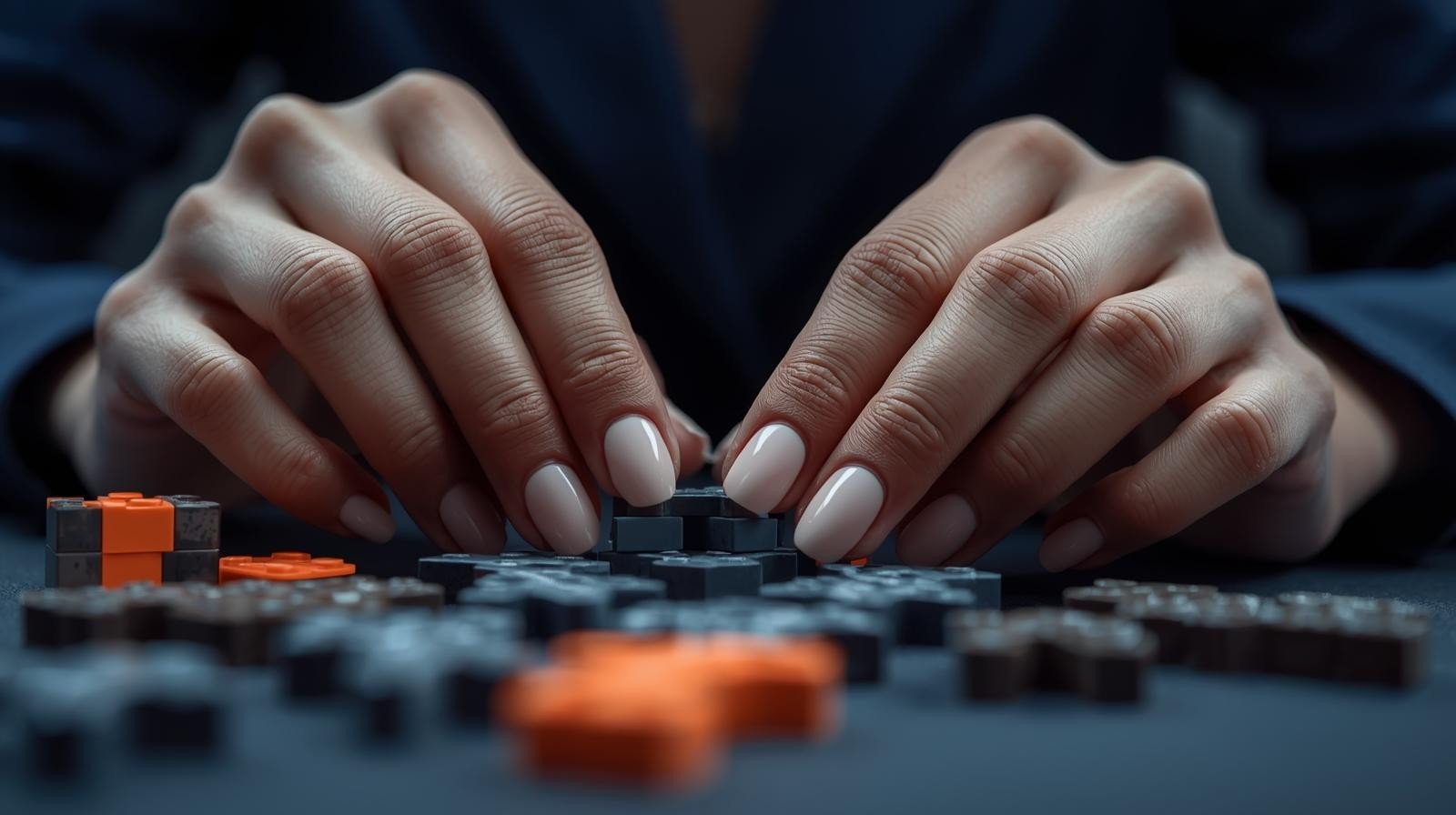 Close-up of hands with manicured nails assembling black and orange building blocks on a table.