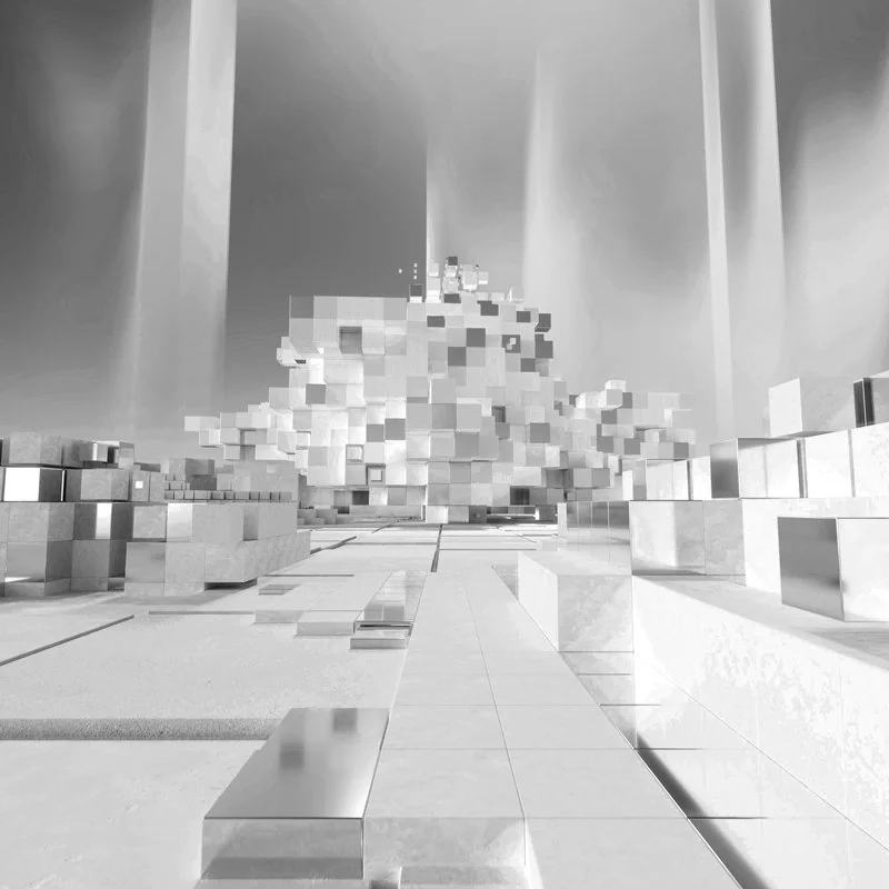Abstract outdoor scene with scattered metallic cubes and structures, in grayscale.