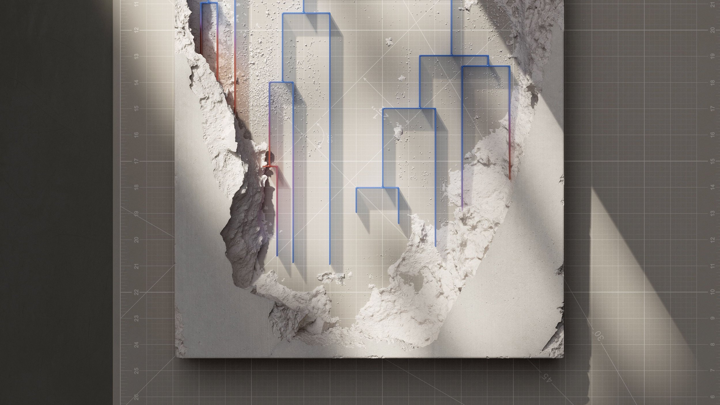 A rock wall with various colored metal bars attached, set against a grid background, with a shadow cast on the right side.
