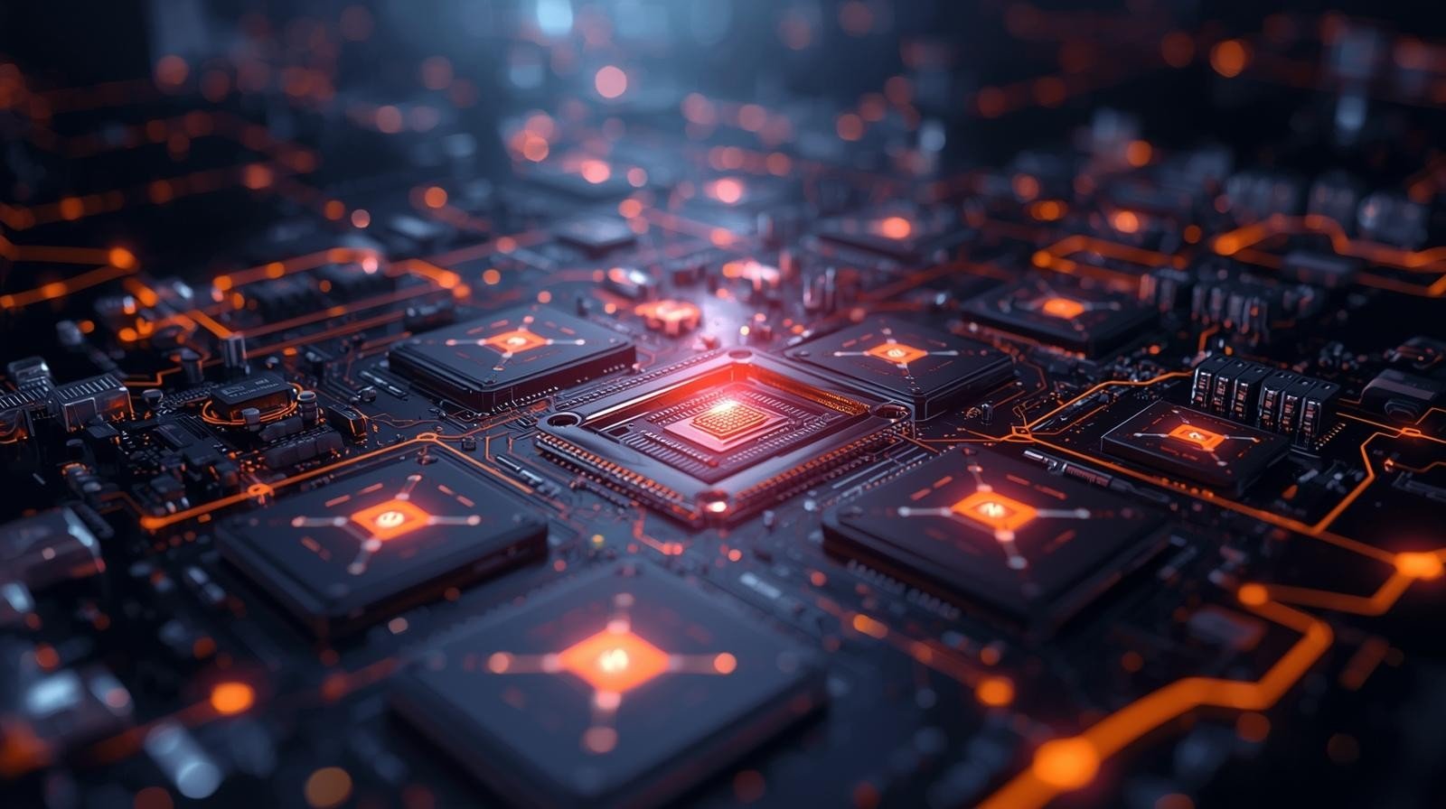 Close-up of a computer motherboard with glowing red lights and circuits.