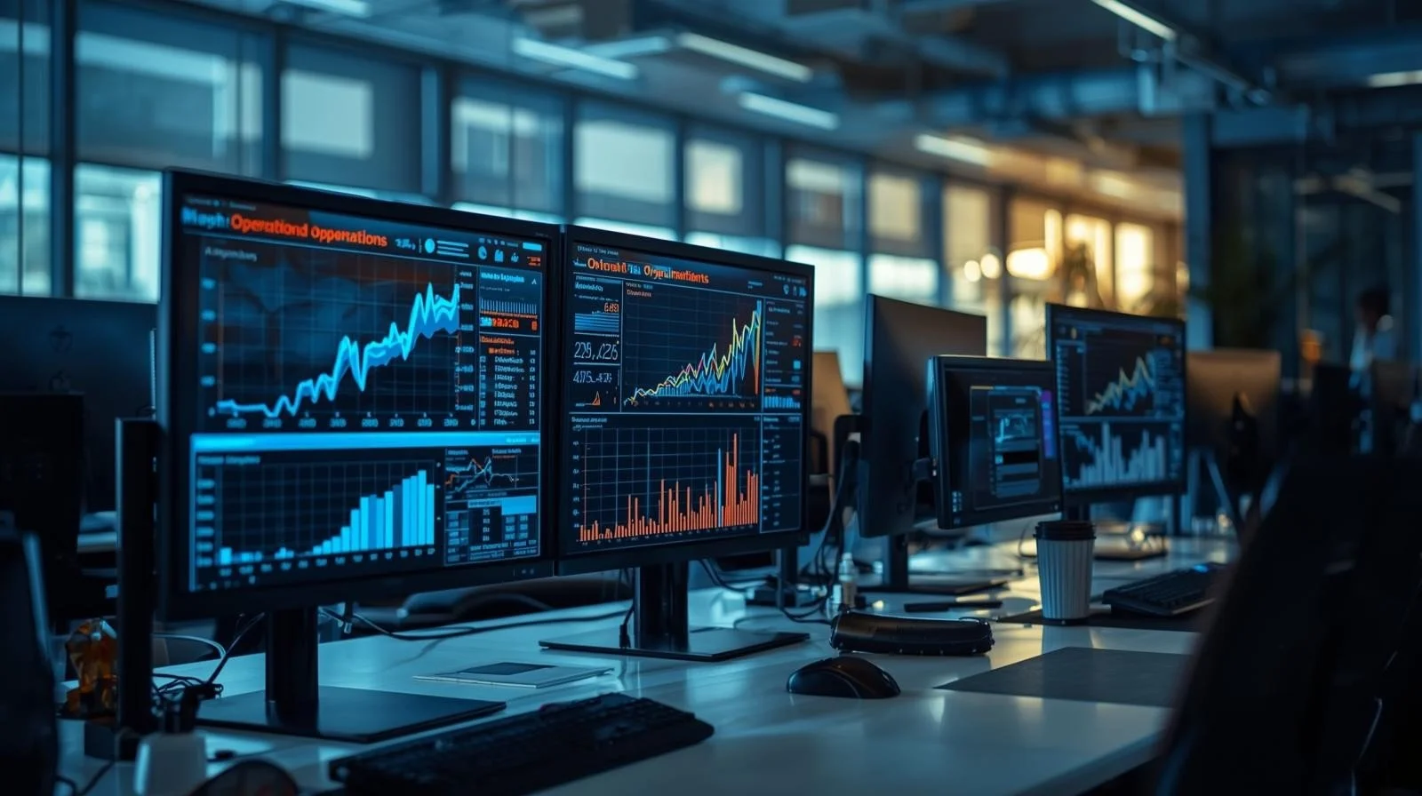 Multiple computer monitors displaying financial graphs and data in an office setting.