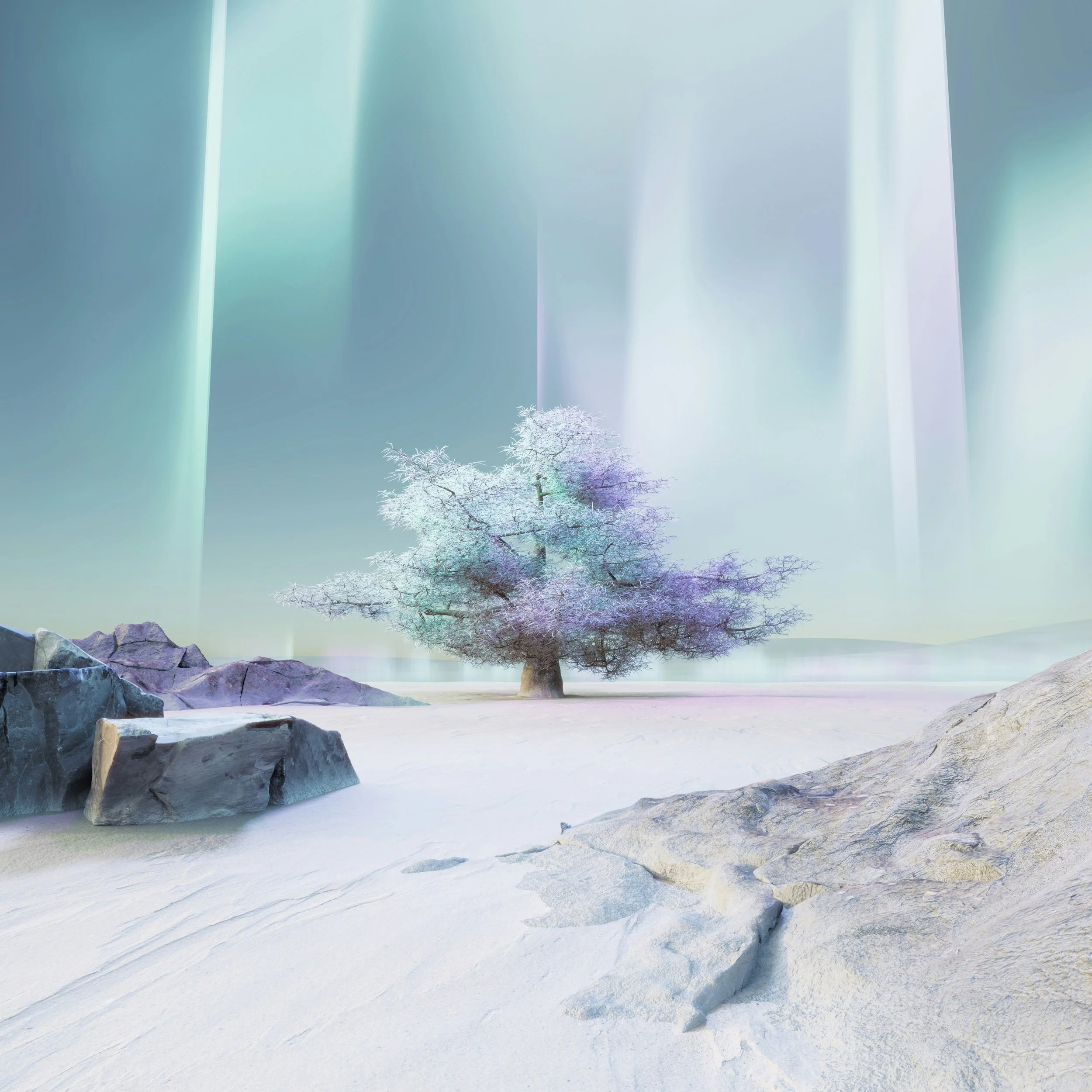 A snow-covered landscape with a single deciduous tree that has no leaves, surrounded by rocks and a snow-covered ground. In the background, a display of tall, multicolored, illuminated sections of a wall or installation.
