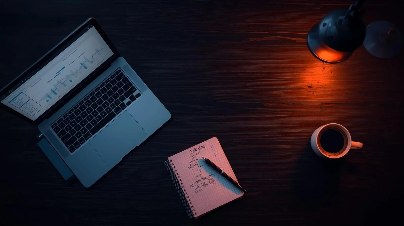 A laptop displaying financial charts, a pink notepad with handwritten notes and a pen, a coffee mug, and a desk lamp illuminating a dark wooden desk.