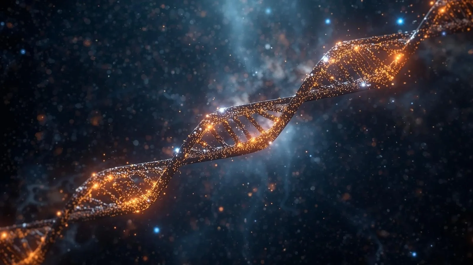 A digital representation of a DNA double helix strand illuminated with bright orange and white lights, floating in space with a starry galaxy background.