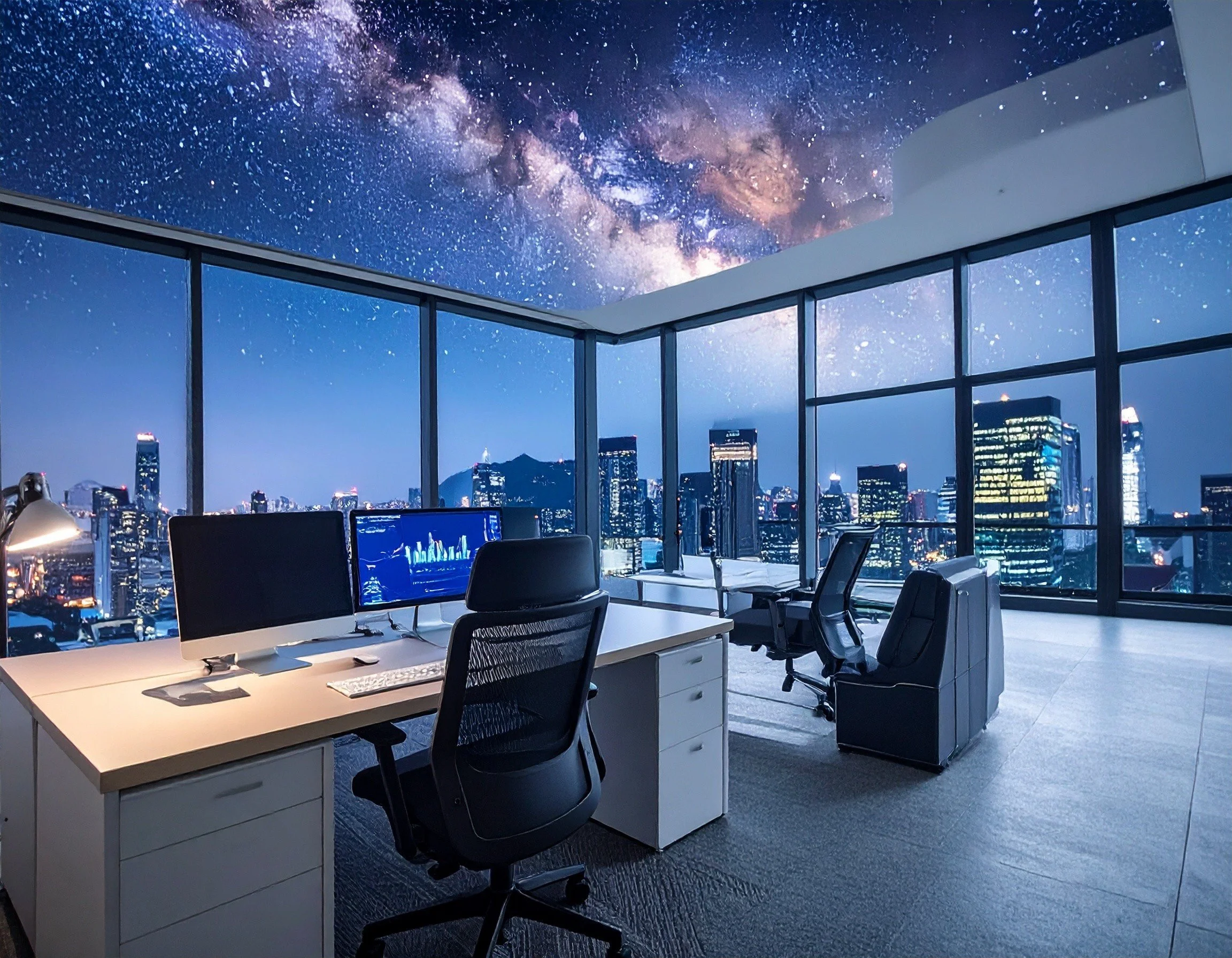 A modern office with white desks, black office chairs, computers, large windows, and a city skyline view at night with a starry sky and galaxy overhead.