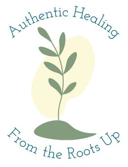 Logo with a plant and leaf design, text reading 'Authentic Healing from the Roots Up' in blue