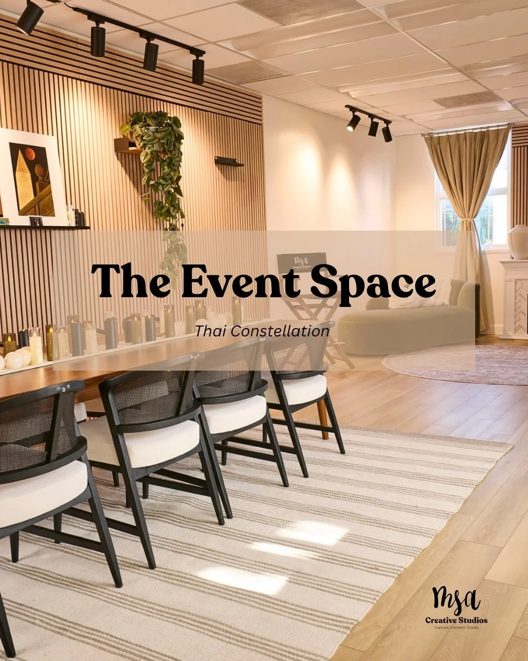 Say hello to our largest studio &mdash; the heart of MSA.
Perfect for small events, workshops, branding shoots, video interviews, and more.
 Your rental includes:
 ✔️ 6 ft dining table + cozy chairs
 ✔️ Bistro table + high-top stools
 ✔️ Fireplace + 