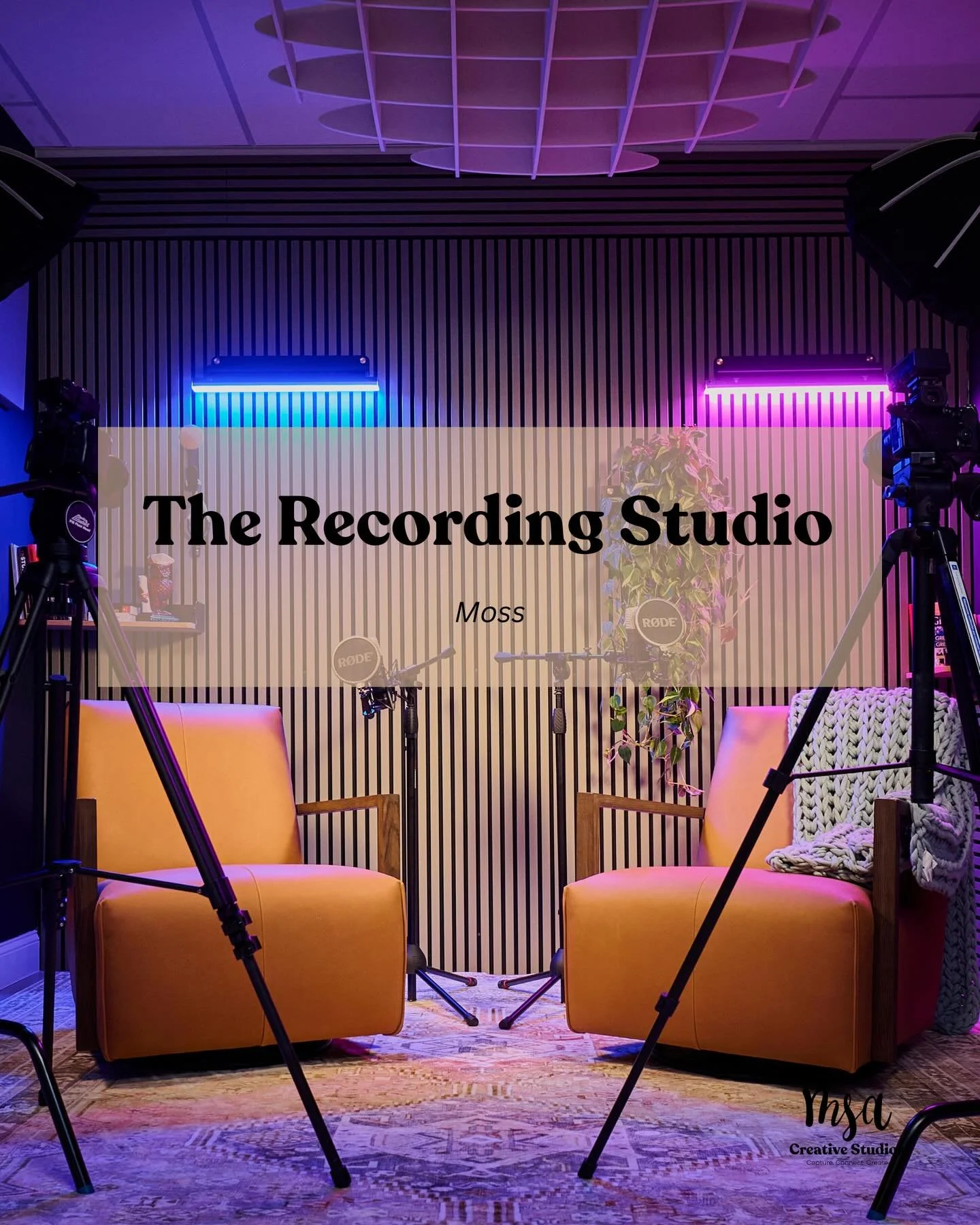 Record with confidence 🎙️

Our recording studio includes:
 &bull; Professional mics &amp; recording equipment
 &bull; Adjustable lighting
 &bull; Sound-proofed walls
 &bull; Fully customizable shelving 
 &bull; Seating for hosts + guests

Perfect fo