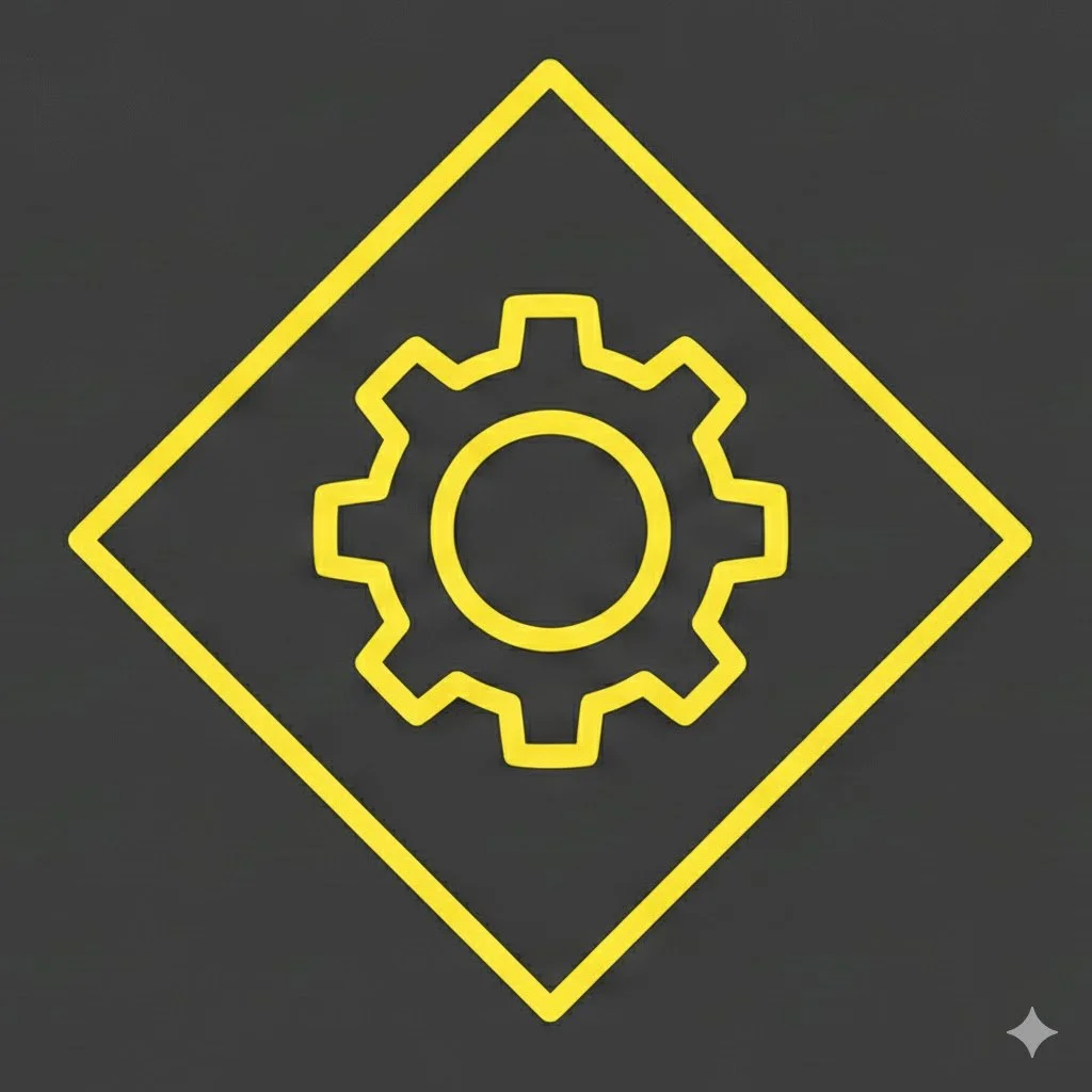 Icono de engranaje amarillo dentro de un rombo en fondo oscuro.