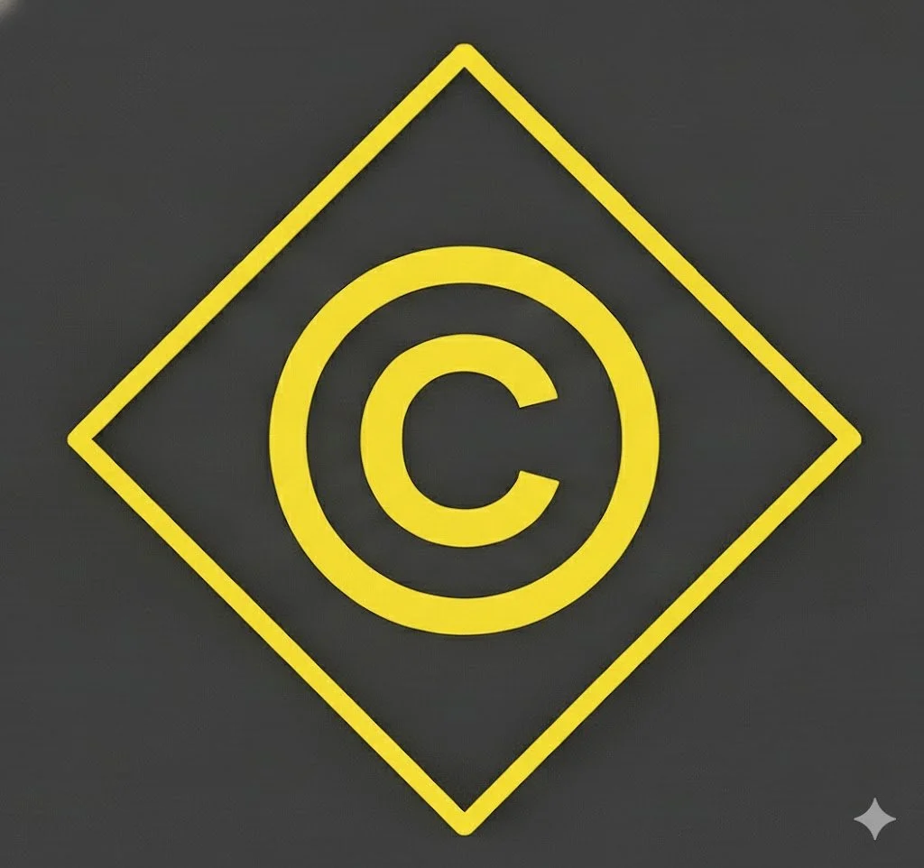 Símbolo de derechos de autor en amarillo dentro de un círculo, enmarcado por un rombo amarillo en un fondo gris oscuro.