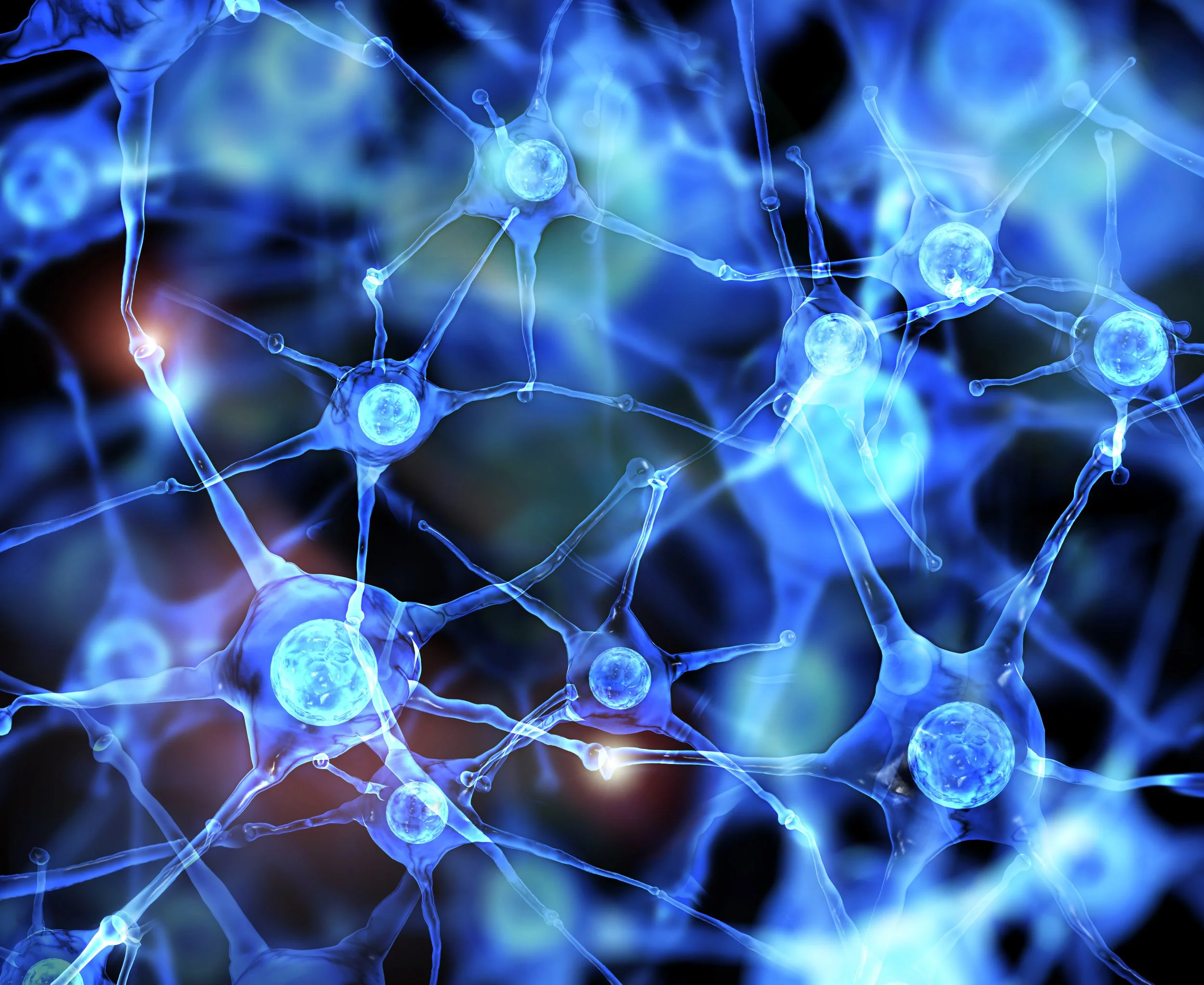 Digital illustration of interconnected neurons with glowing synapses in blue tones.
