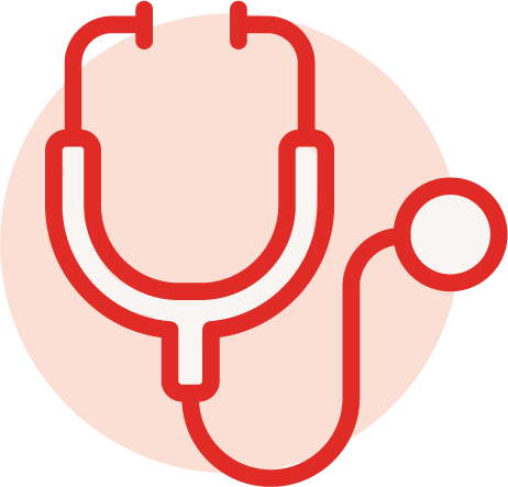 Illustration of a red stethoscope with a round earpiece on a light pink circular background.