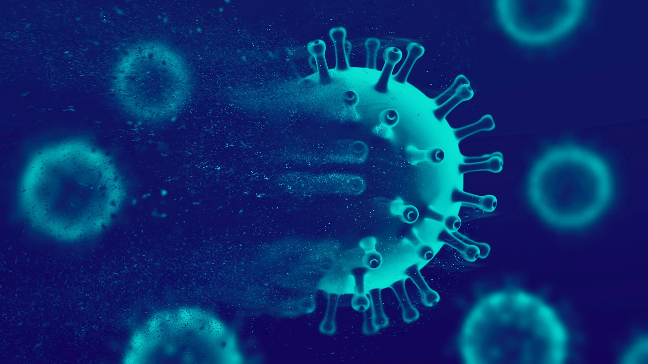 A digitally rendered image of a virus particle with a spherical shape, spike-like protrusions, and a blue glow, floating in a dark space with other similar particles in the background.
