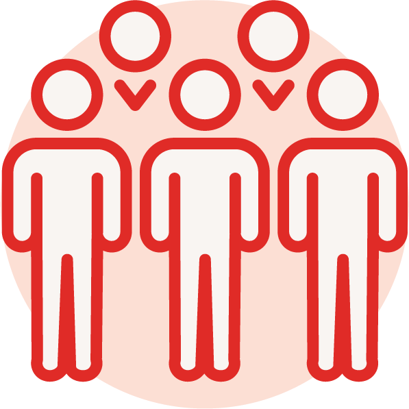 Icon of three people standing in line, with circles representing heads and lines for bodies, on a light red circular background.