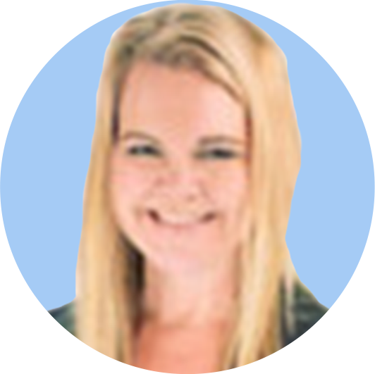 Blonde woman smiling with blue background and circular design element.