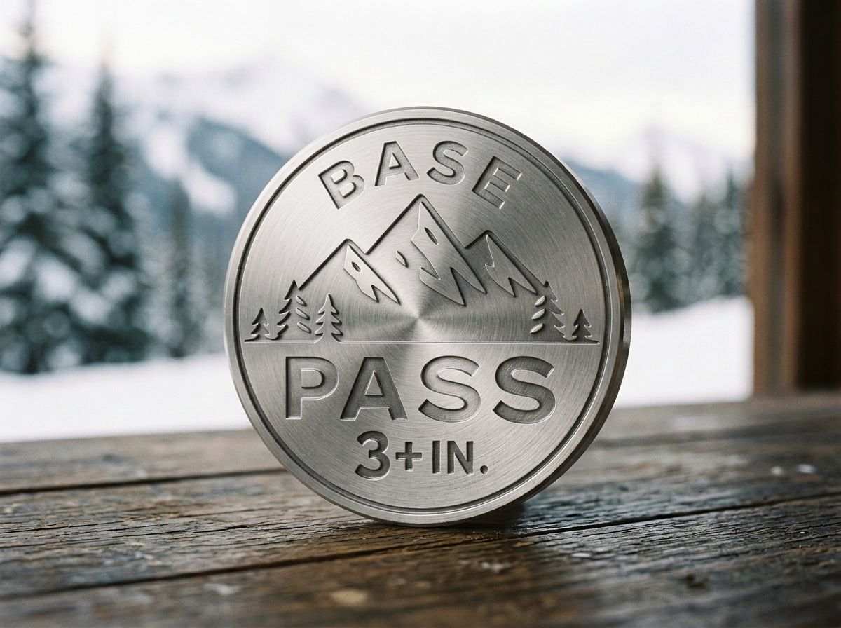 A metallic Mountain Pass badge with engraved trees and mountain peaks, inscribed with "BASE PASS 3+ IN."