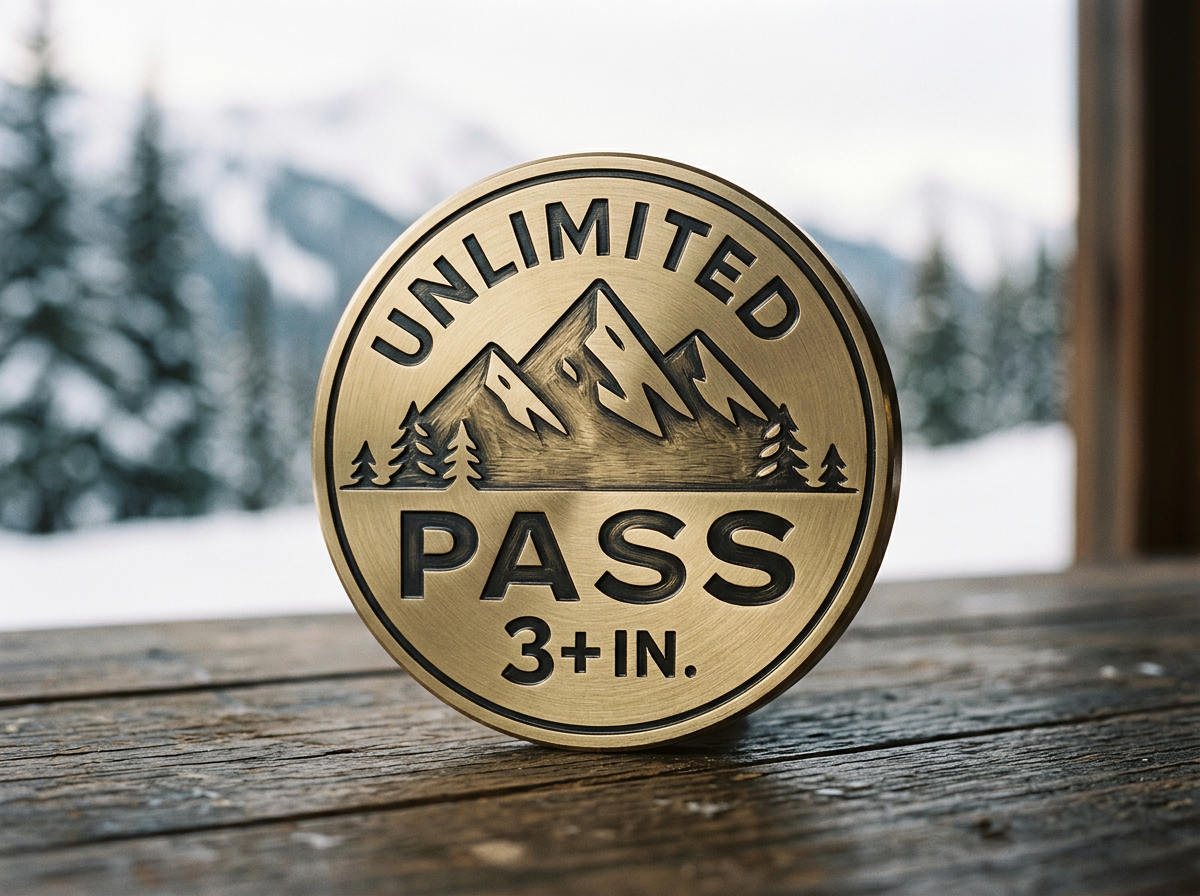 A metal round sign with a mountain design and trees, reading "Unlimited Pass 3+ In."