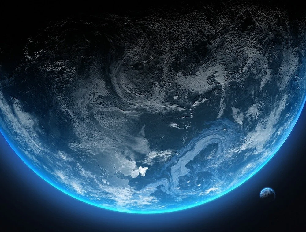 View of Earth from space with a small moon in the background.
