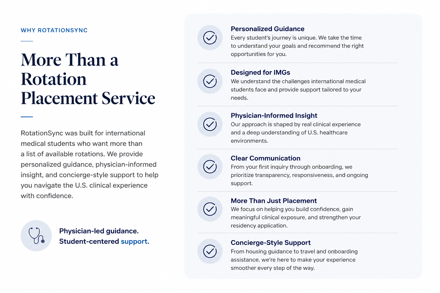 An informational webpage about RotationSync, a medical student rotation placement service. The page describes features such as personalized guidance, tailored support for IMGs, physician insight, clear communication, comprehensive placement assistance, and concierge-style support, with an emphasis on building confidence, transparency, and tailored support for international medical students.