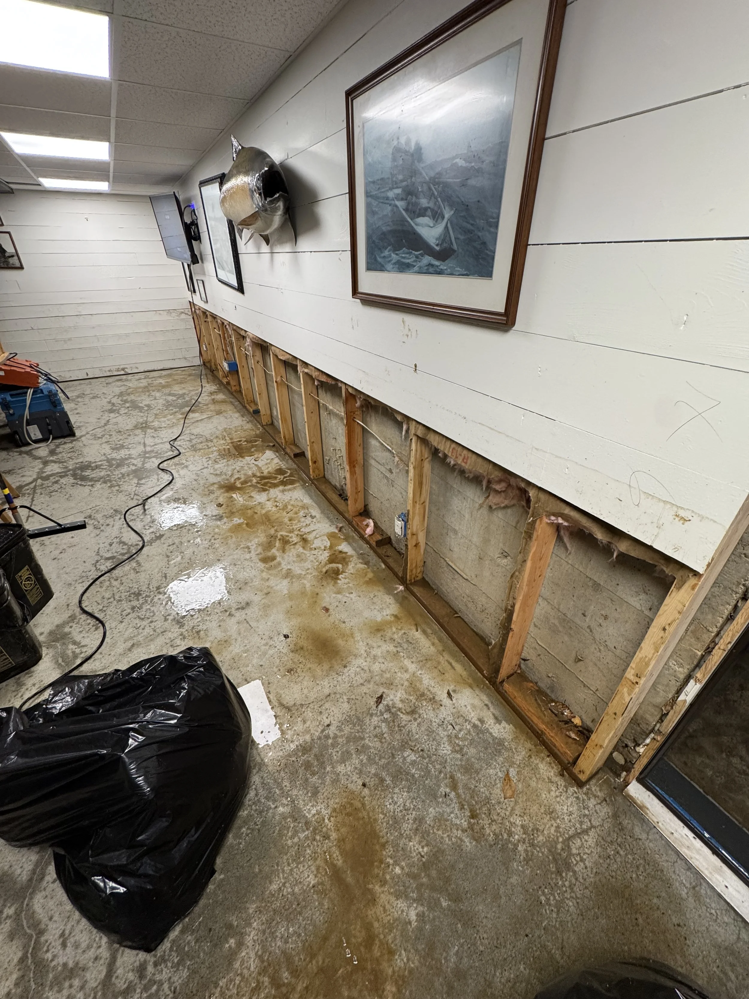 Interior of a basement or garage with drywall removed along the wall, exposing wooden studs and insulation. The floor is wet with some water and dirt, and there are tools and a black trash bag in the scene.