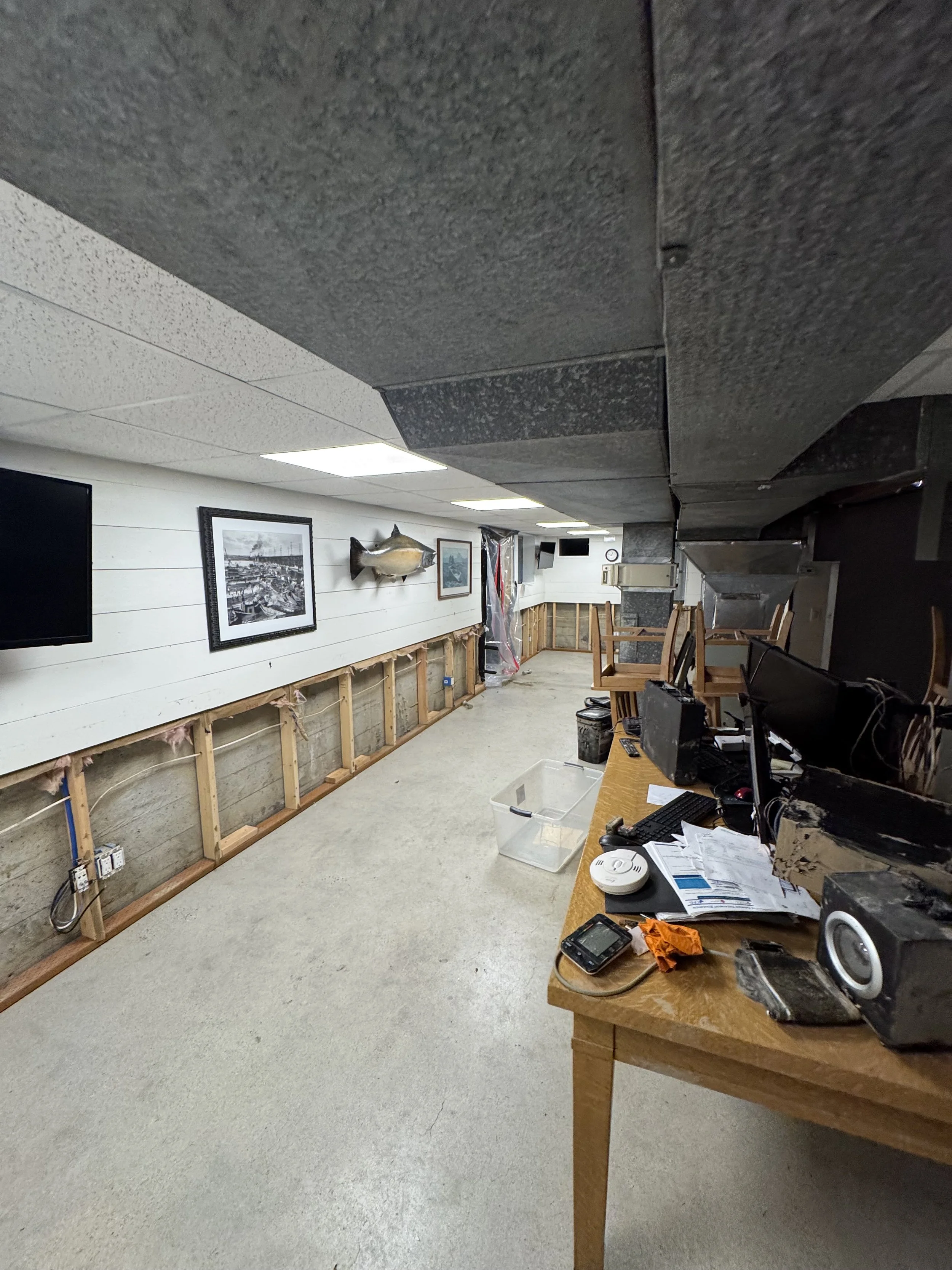 Empty basement room with a partially finished wall, a mounted fish, framed pictures, and a cluttered workbench with computers and papers.
