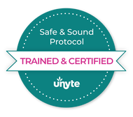 Badge for 'Safe & Sound Protocol' showing 'Trained & Certified' with 'Unyte' branding