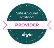 Safe & Sound Protocol Provider badge with a teal background, white dotted circle, and pink banner.