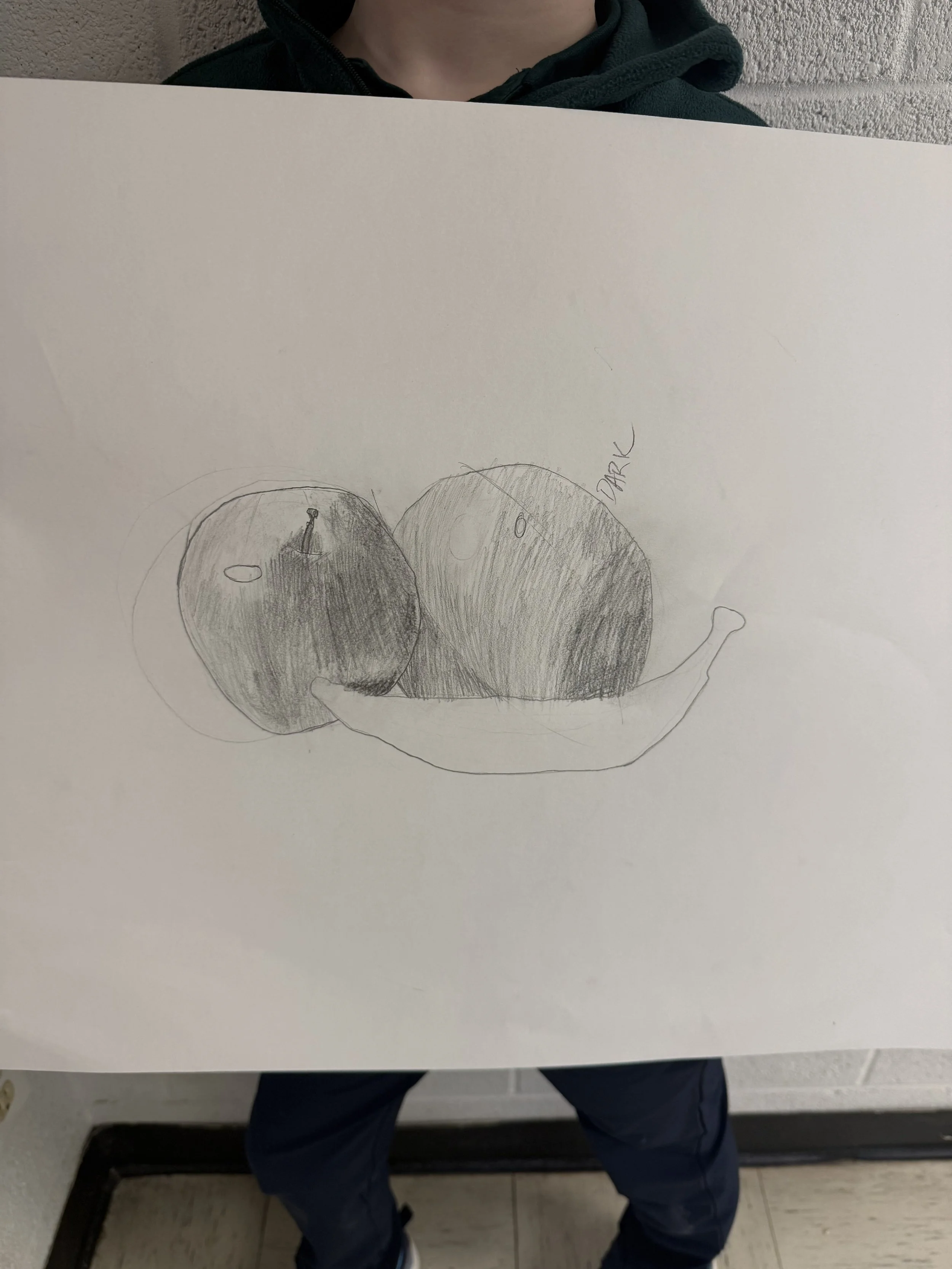 A hand-drawn sketch of two apples with one apple having a leaf and the other labeled 'dark'. There is a banana drawn below the apples.