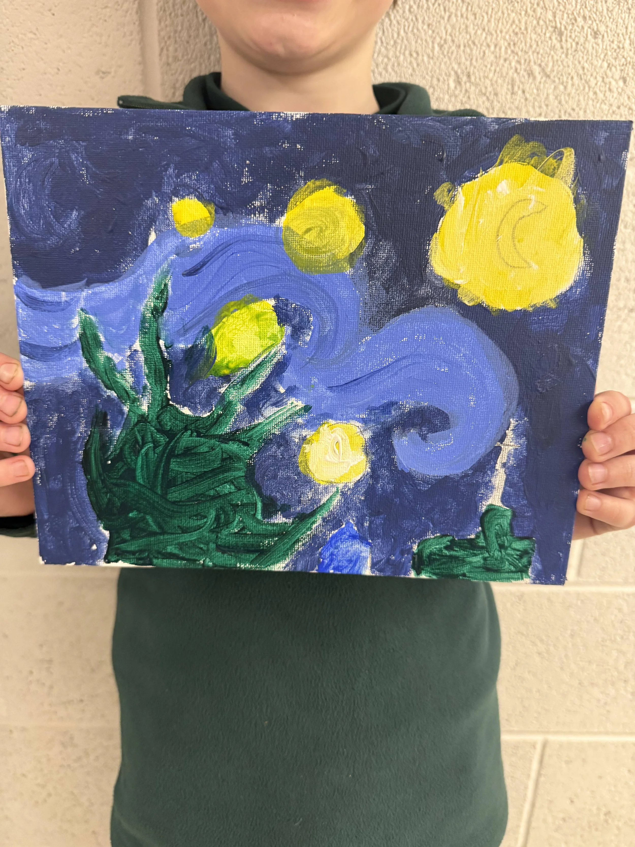 Child holding a painting inspired by Van Gogh's Starry Night, featuring yellow stars, a swirling night sky, and green foliage.